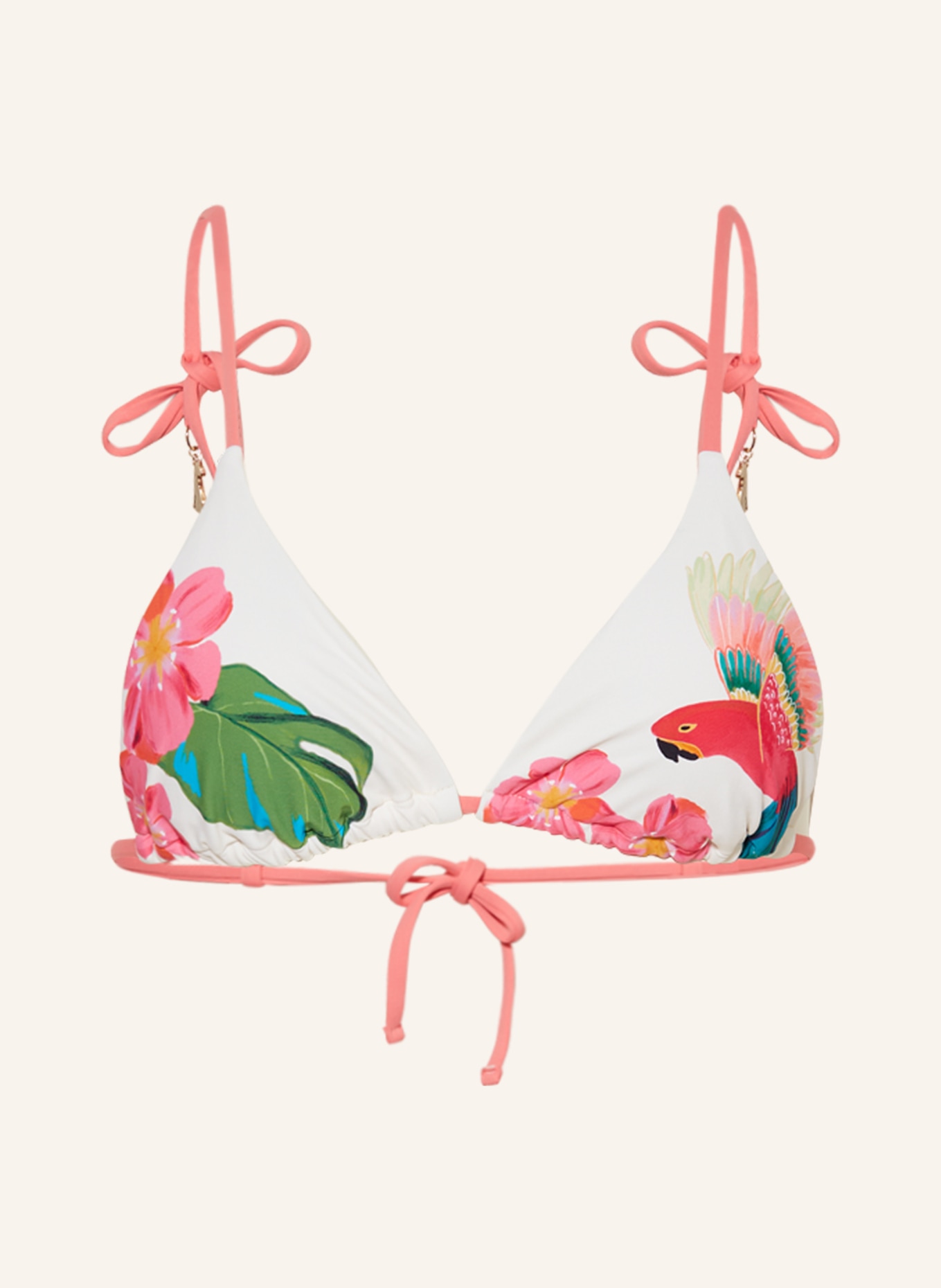 SEAFOLLY Triangle bikini top TROPICAL with decorative beads, Color: ECRU/ PINK/ GREEN (Image 1)