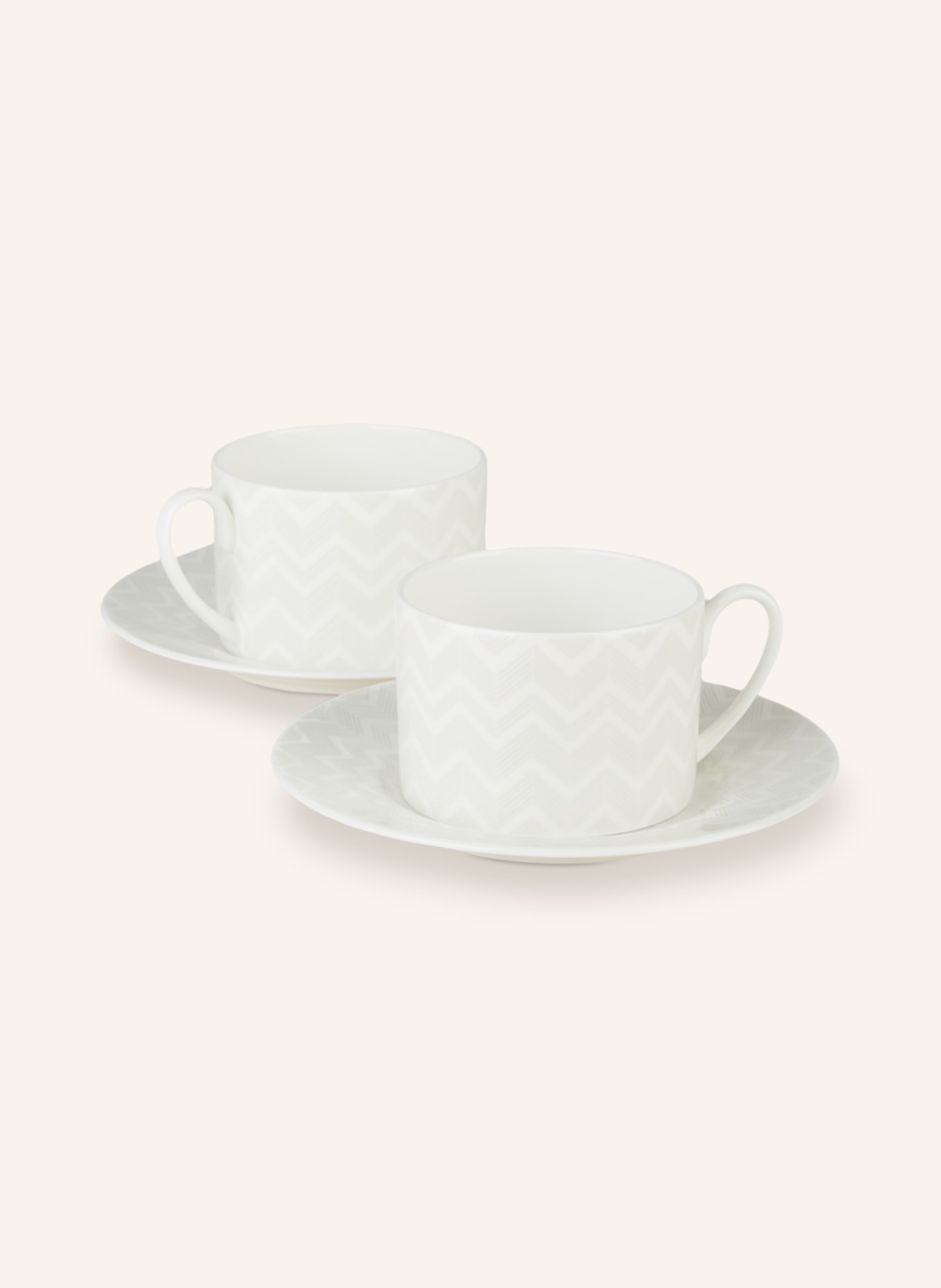 MISSONI Home Set of 2 mugs ZIG ZAG with saucers, Color: CREAM/ LIGHT GRAY (Image 1)