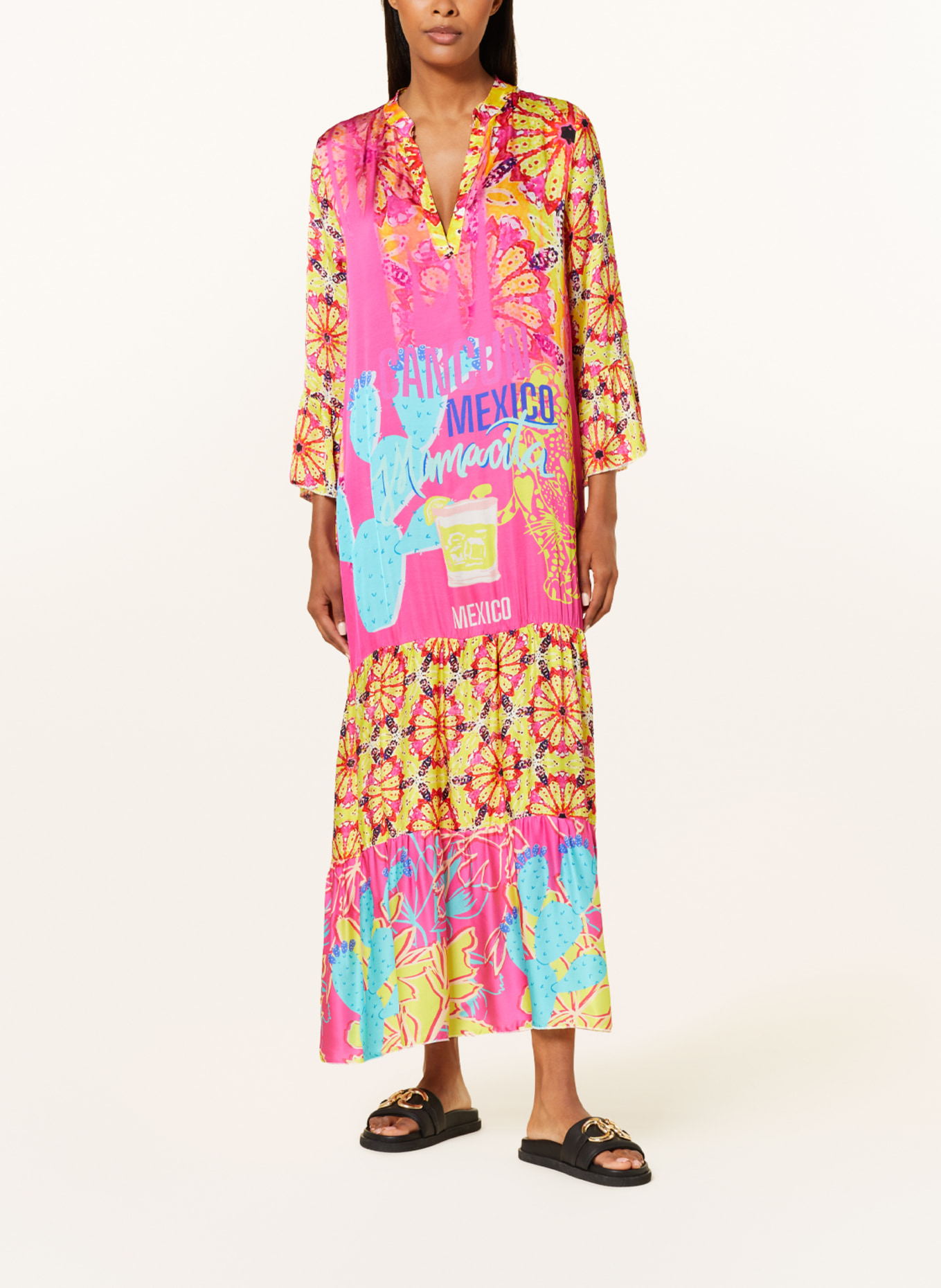 miss goodlife Satin dress with 3/4 sleeves, Color: PINK/ NEON BLUE/ YELLOW (Image 2)