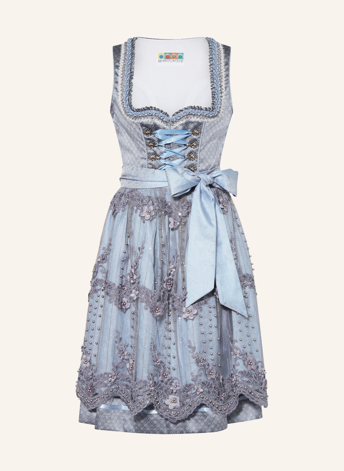 KRÜGER Sukienka bawarska NAYARA z ozdobnymi kamykami i perełkami, Kolor: JASNONIEBIESKI/ SZARY (Obrazek 1)