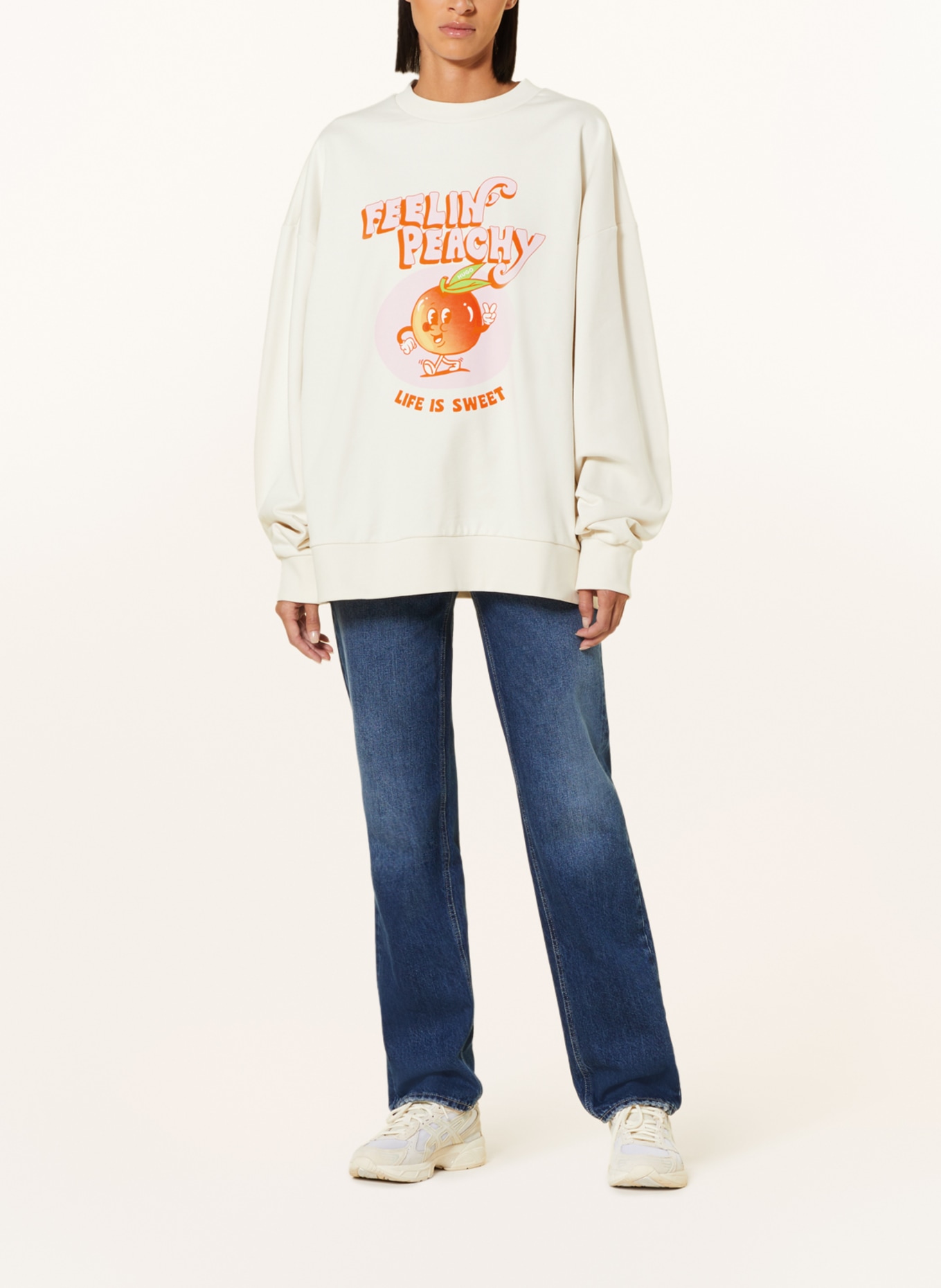 HUGO Oversized sweatshirt DRISINA, Color: ECRU/ ORANGE/ LIGHT PINK (Image 2)