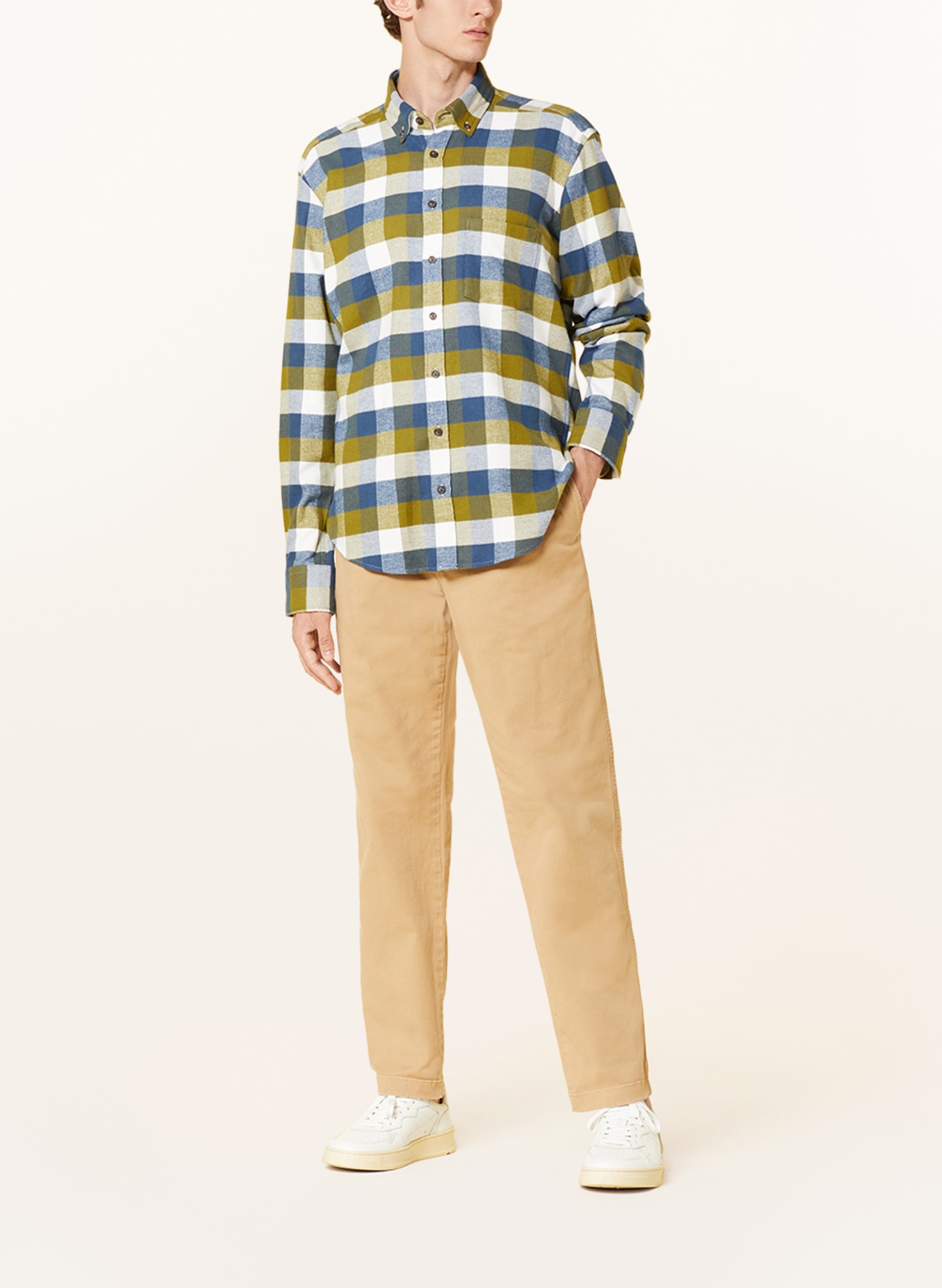 STROKESMAN'S Flanellhemd Regular Fit: OLIV / BLAUGRAU / WEISS