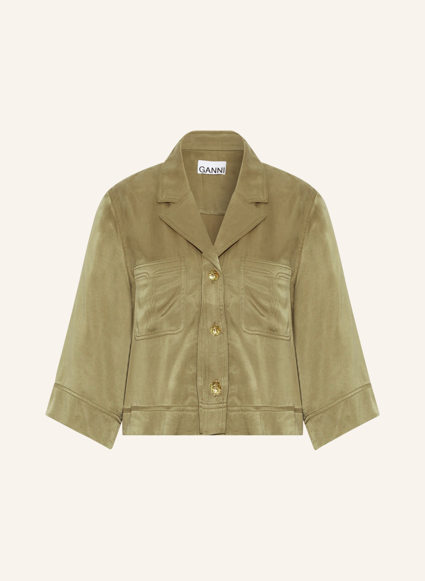 GANNI Cropped blouse made of satin with 3/4 sleeves, Color: OLIVE (Image 1)