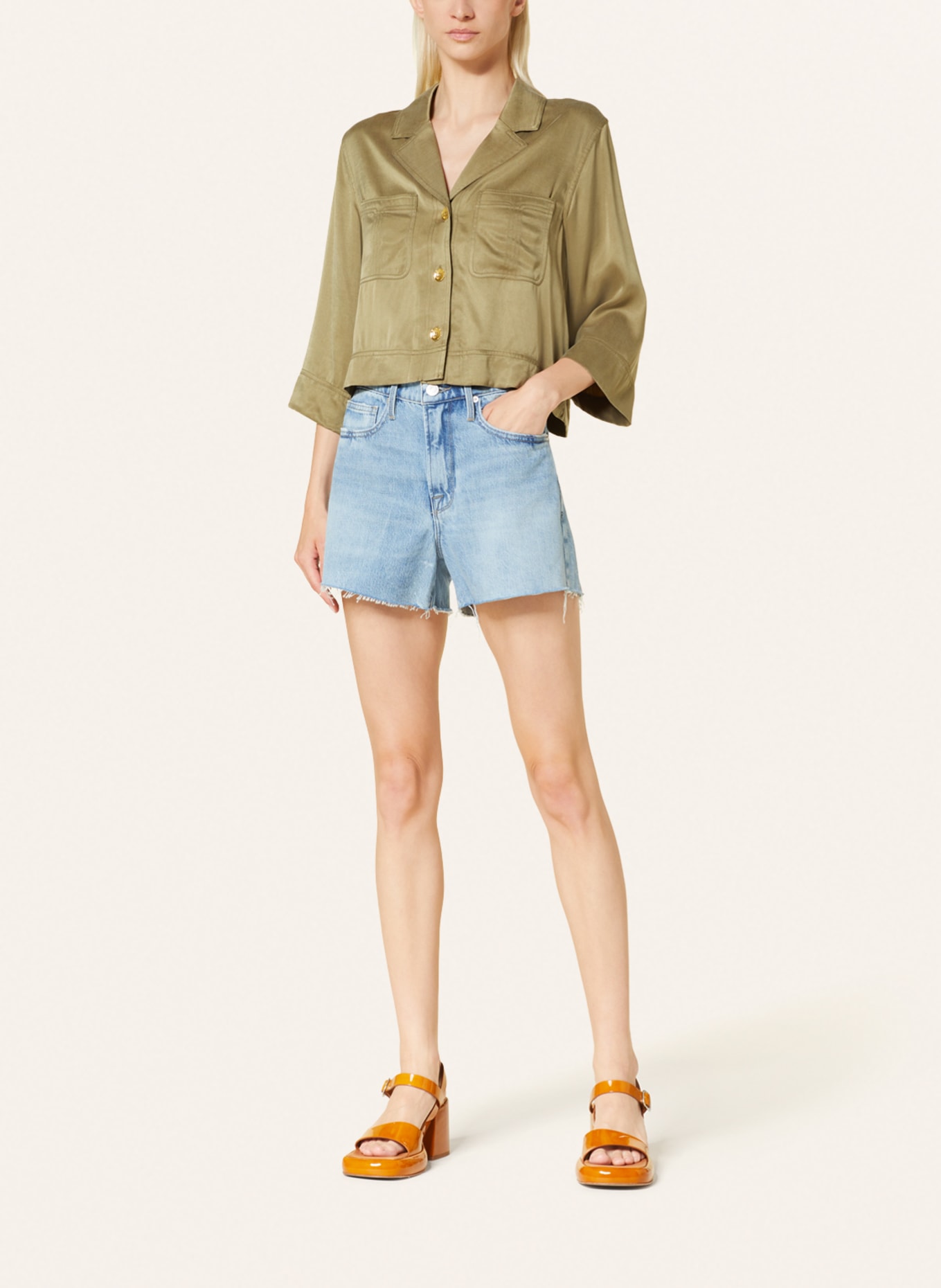 GANNI Cropped blouse made of satin with 3/4 sleeves, Color: OLIVE (Image 2)