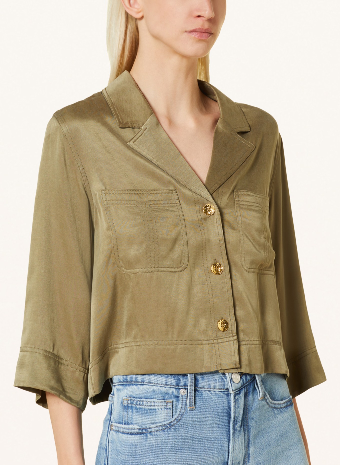 GANNI Cropped blouse made of satin with 3/4 sleeves, Color: OLIVE (Image 4)