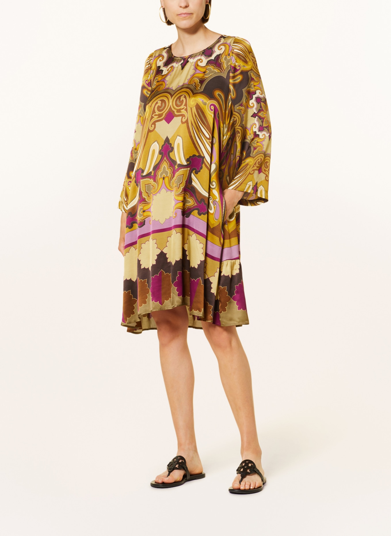 Grace Satin dress with 3/4 sleeves, Color: CAMEL/ DARK RED/ LIGHT YELLOW (Image 2)