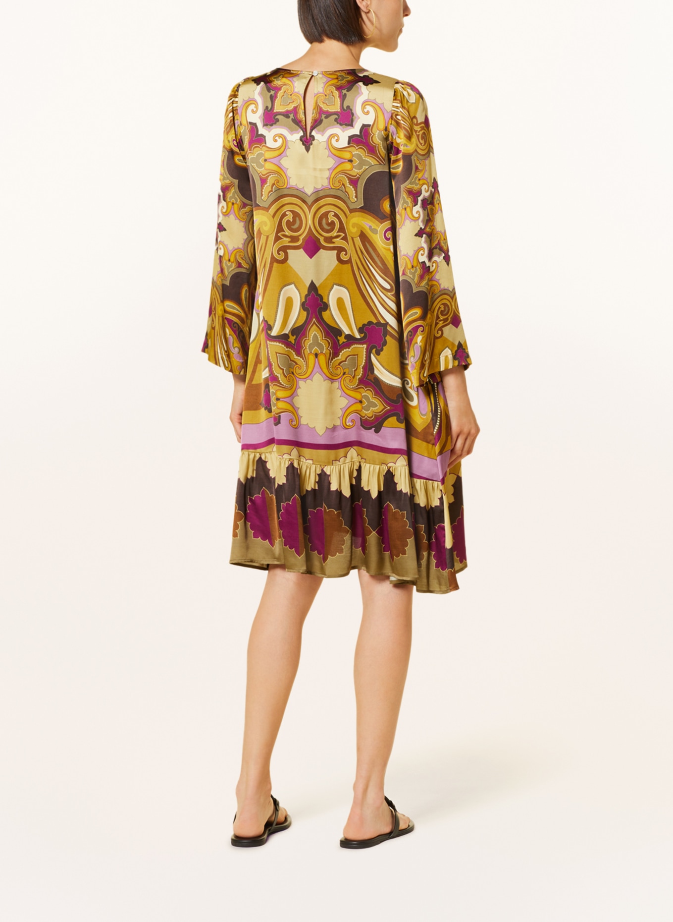 Grace Satin dress with 3/4 sleeves, Color: CAMEL/ DARK RED/ LIGHT YELLOW (Image 3)