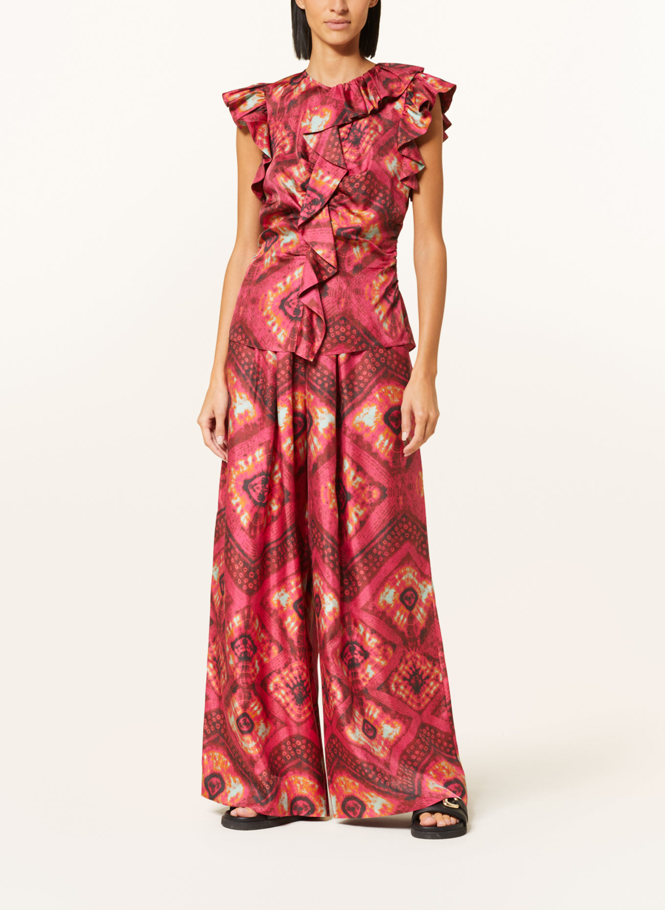 ULLA JOHNSON Blouse top VIDA made of silk with frills, Color: FUCHSIA/ DARK RED/ MINT (Image 2)