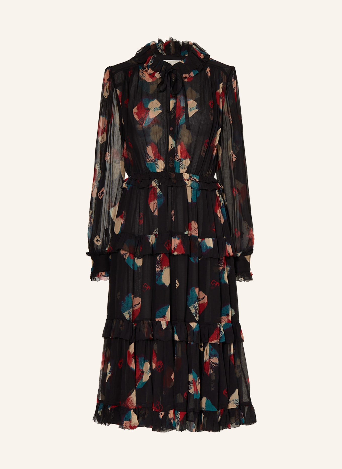 ULLA JOHNSON Silk dress REINA, Color: BLACK/ RED/ NEON TURQUOISE (Image 1)