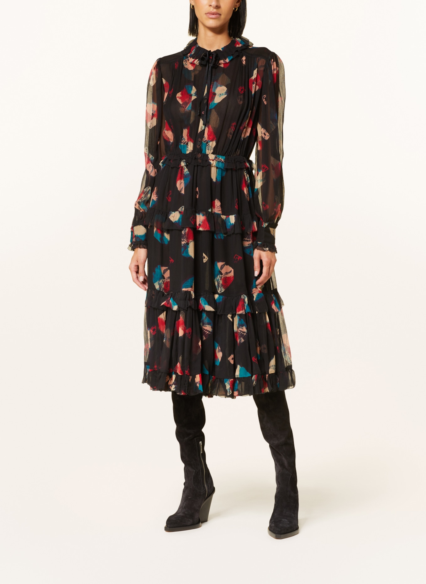 ULLA JOHNSON Silk dress REINA, Color: BLACK/ RED/ NEON TURQUOISE (Image 2)