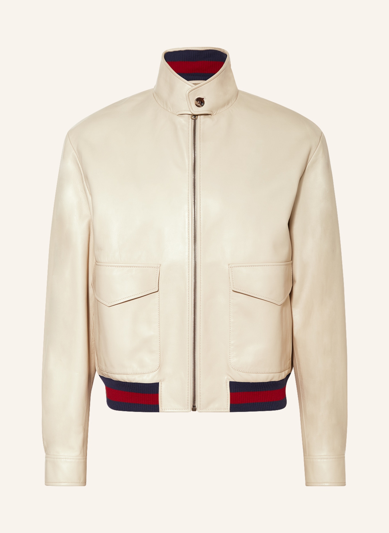 champion Aftensmad Station GUCCI Leather jacket in cream/ dark red/ blue