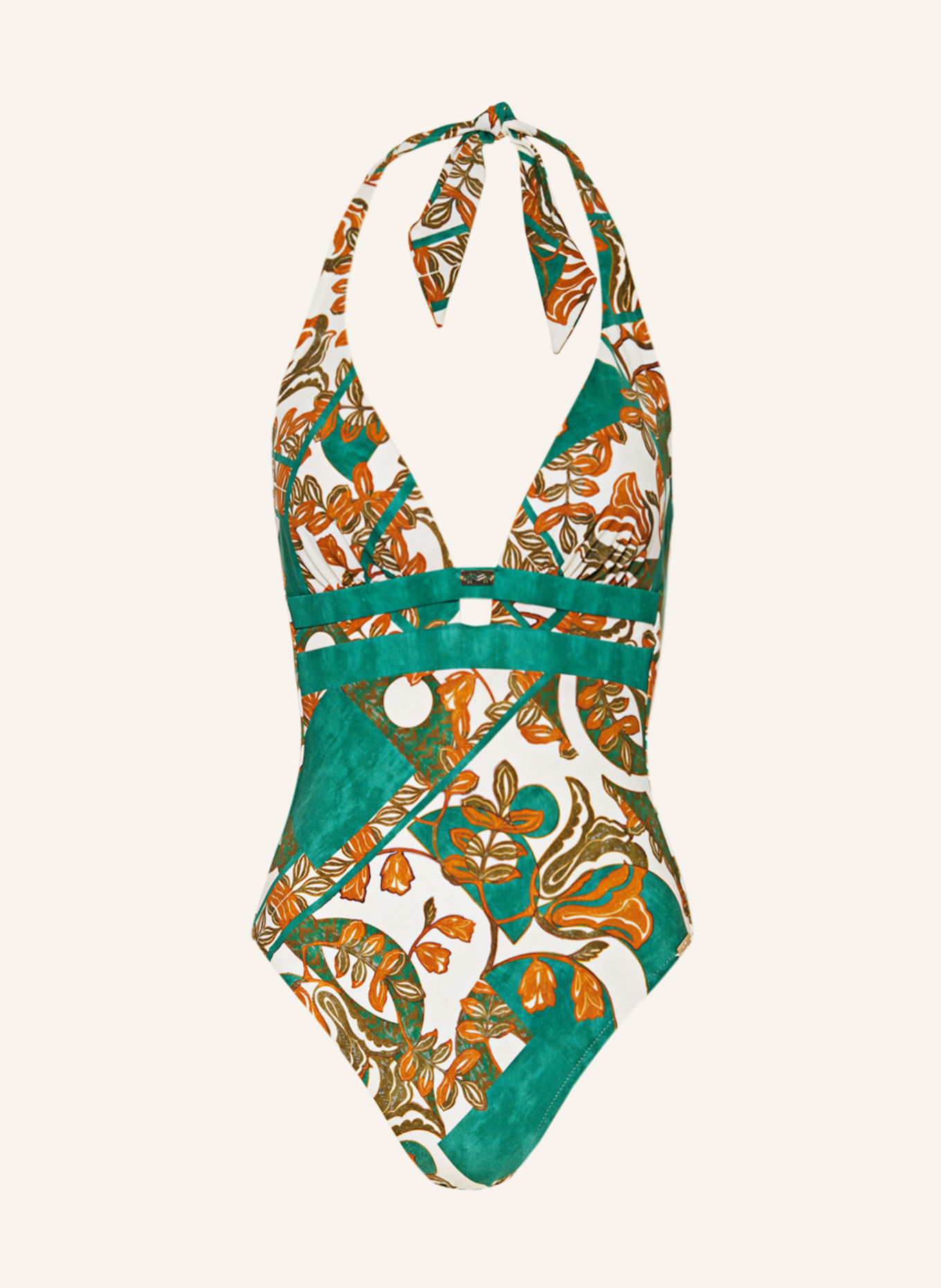 MARYAN MEHLHORN Halter neck swimsuit PERCEPTIONS, Color: ECRU/ GREEN/ COGNAC (Image 1)
