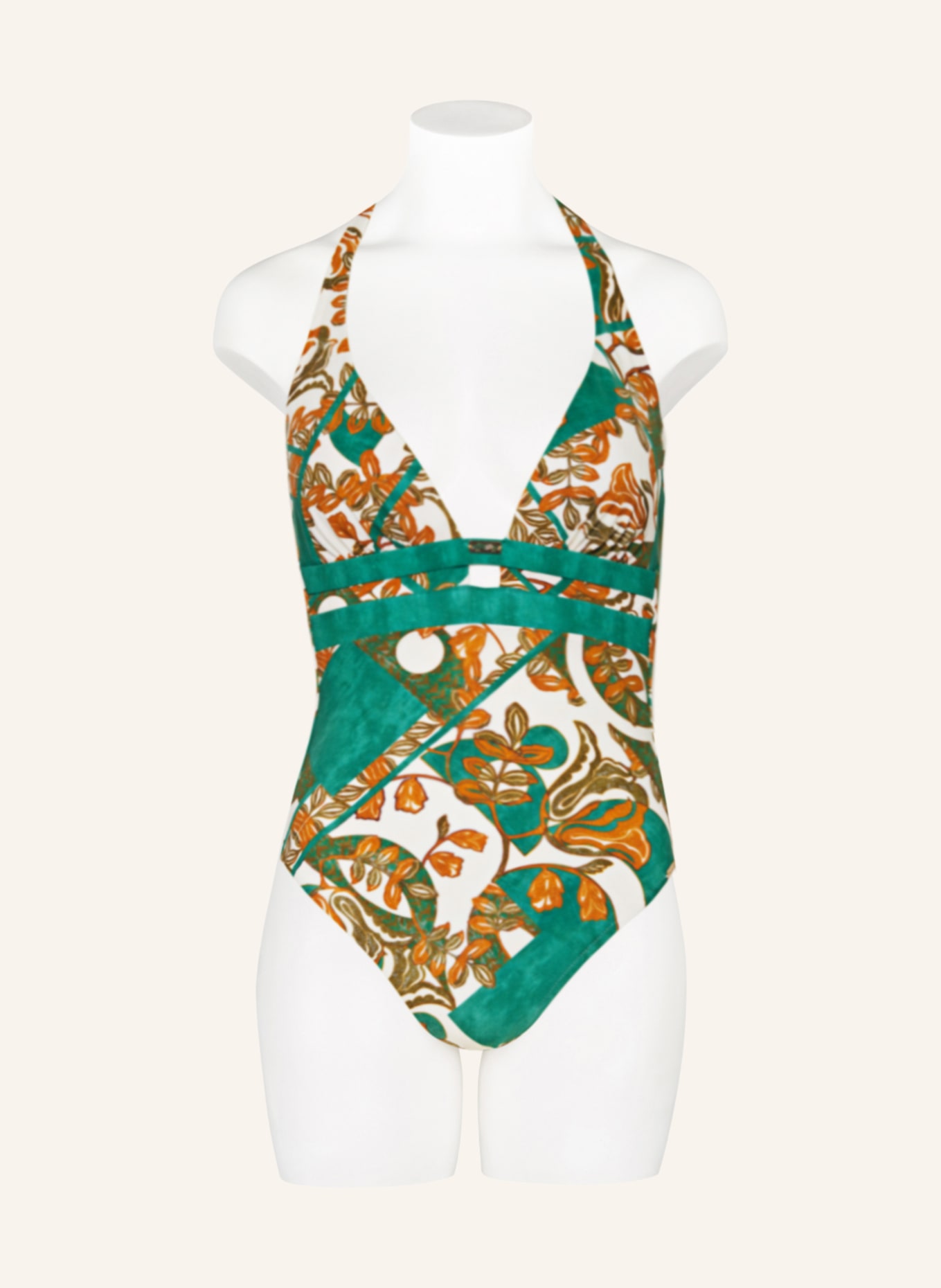 MARYAN MEHLHORN Halter neck swimsuit PERCEPTIONS, Color: ECRU/ GREEN/ COGNAC (Image 2)