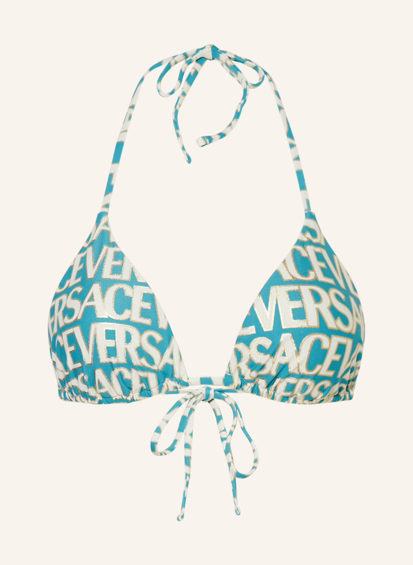 VERSACE Triangel-Bikini-Top mit Glitzergarn, Farbe: TÜRKIS/ ECRU (Bild 1)