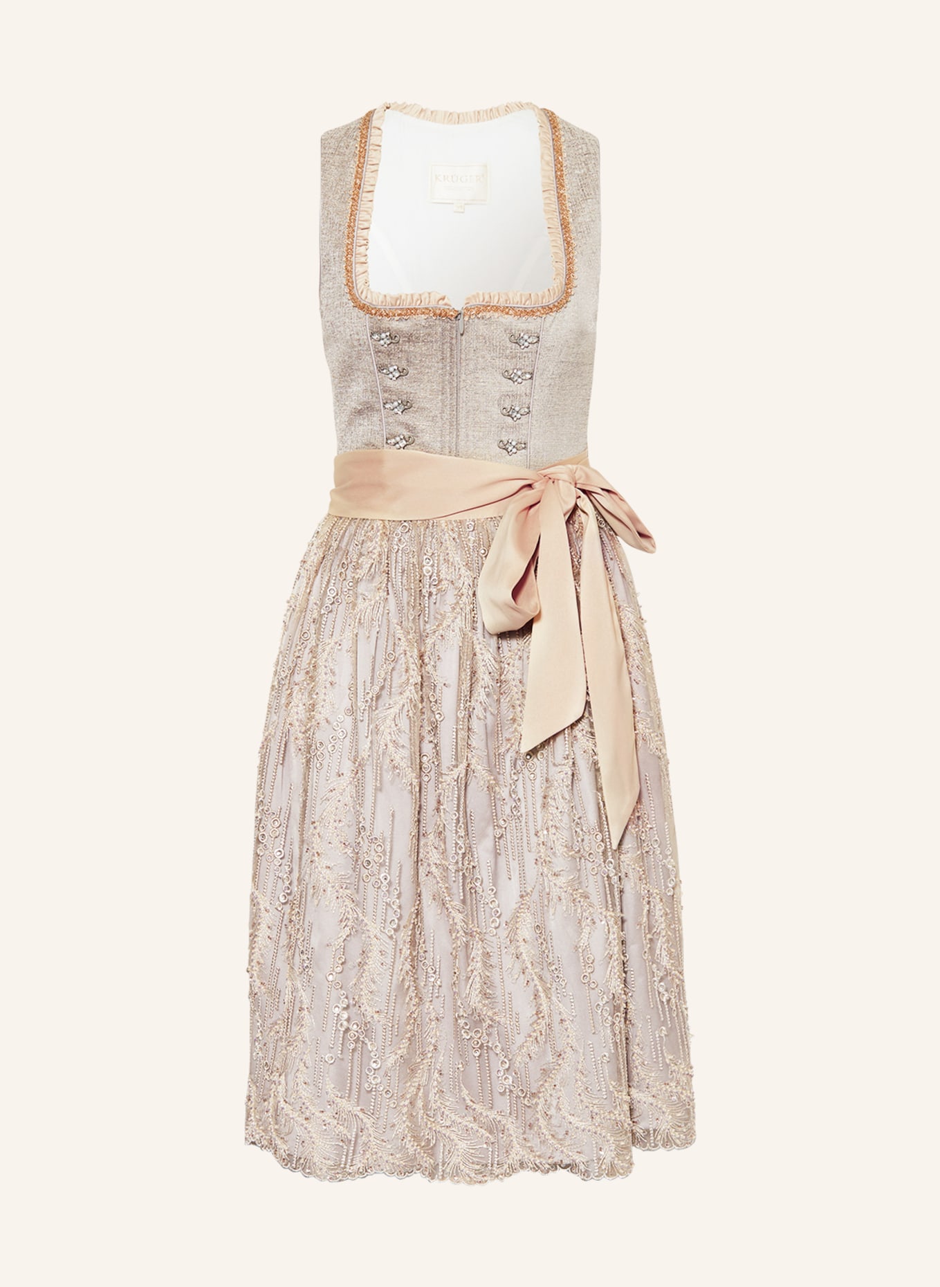 Gonna A Pieghe Dirndl Trachtl Lena, Lunghezza Al Ginocchio, Beige/bianco, Taglia 44, Con Pieghe Su Tutto Il Perimetro, Chiusura Con Zip