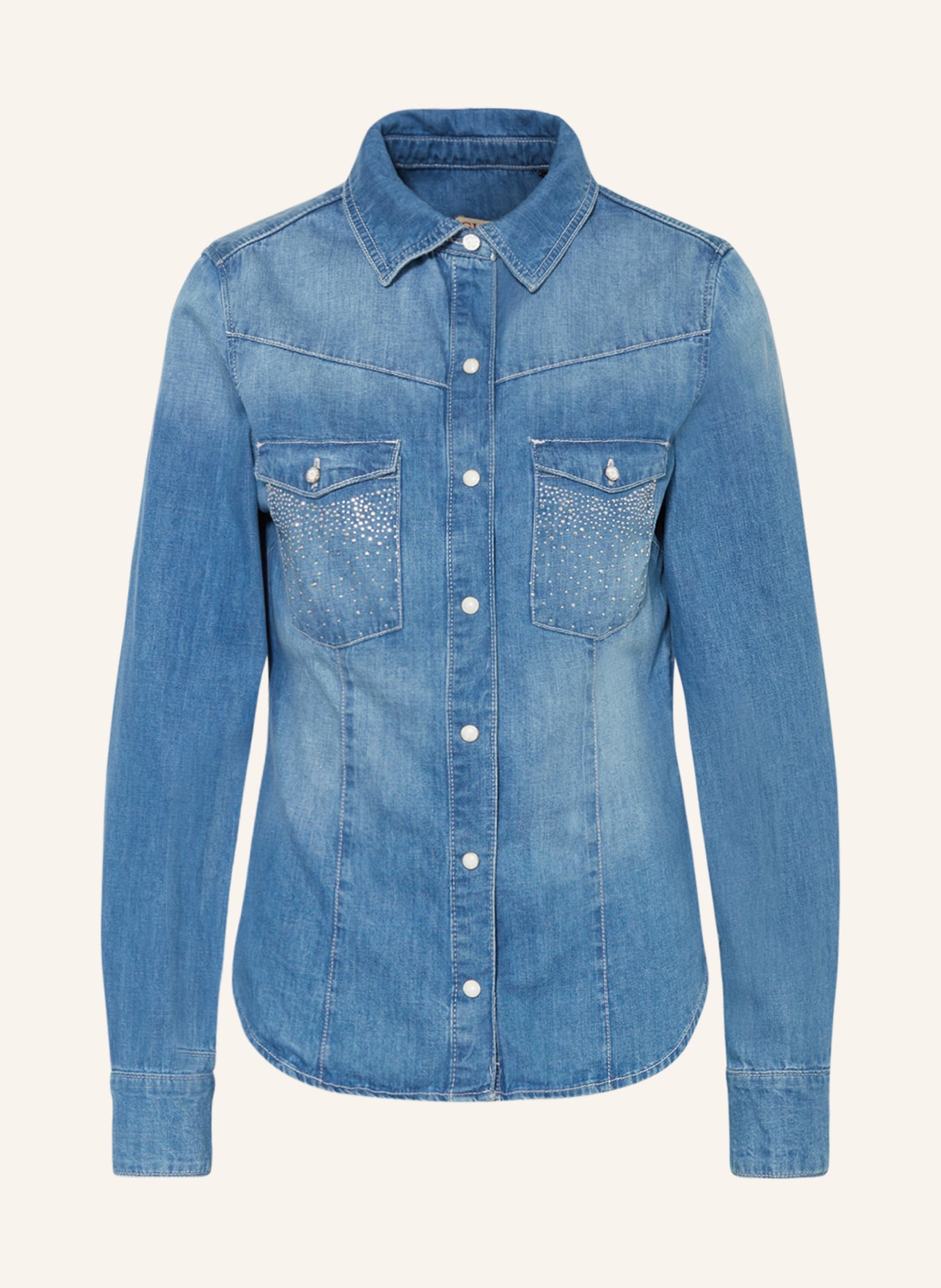 GUESS Bluzka jeansowa EQUITY z ozdobnymi kamykami, Kolor: NIEBIESKI (Obrazek 1)