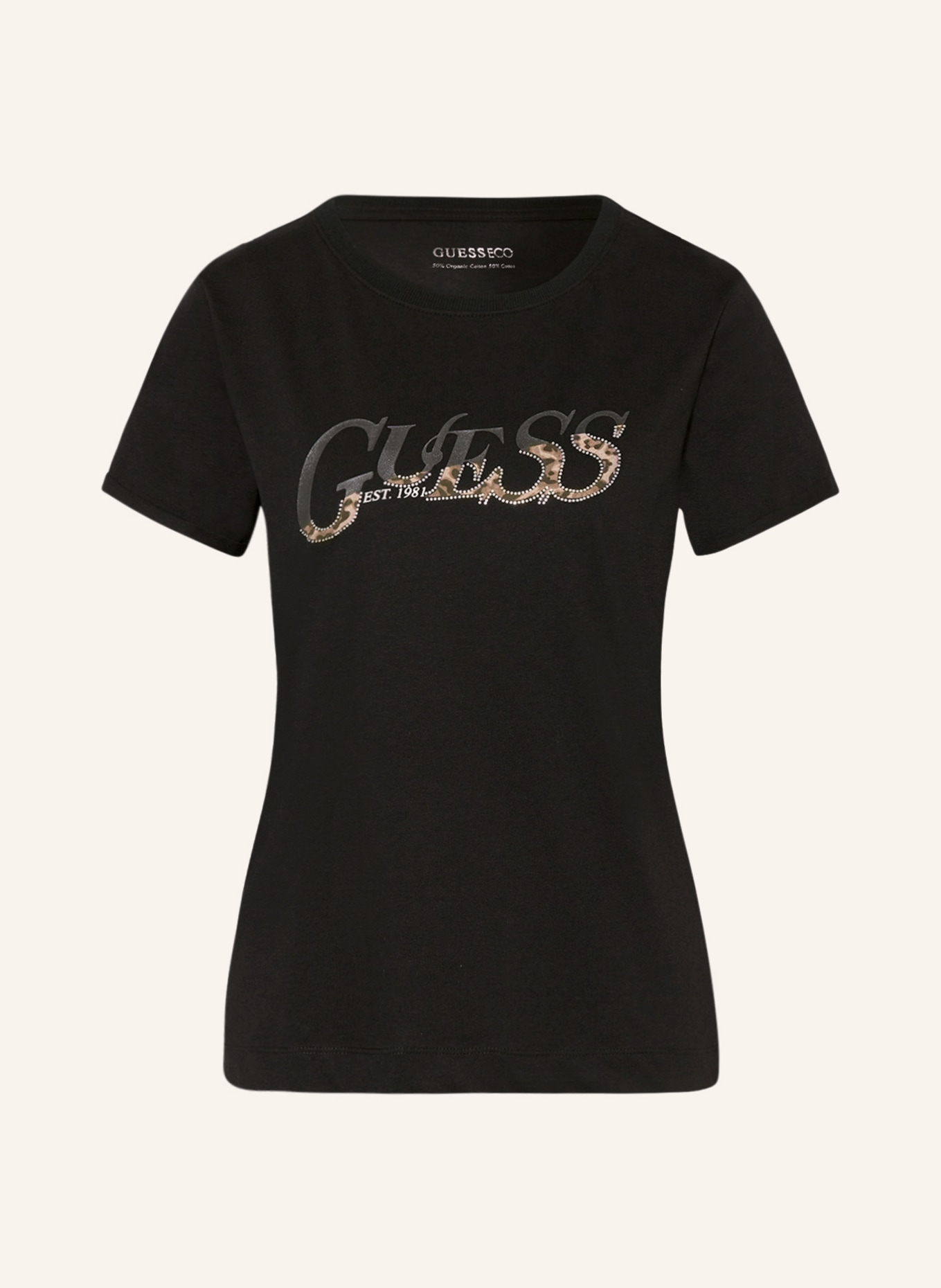 GUESS T-Shirt LEO mit Schmucksteinen, Farbe: SCHWARZ (Bild 1)