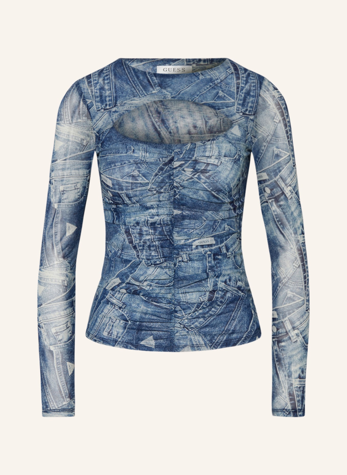 GUESS Long sleeve shirt BRIENNA made of mesh with cut-out, Color: BLUE/ WHITE (Image 1)