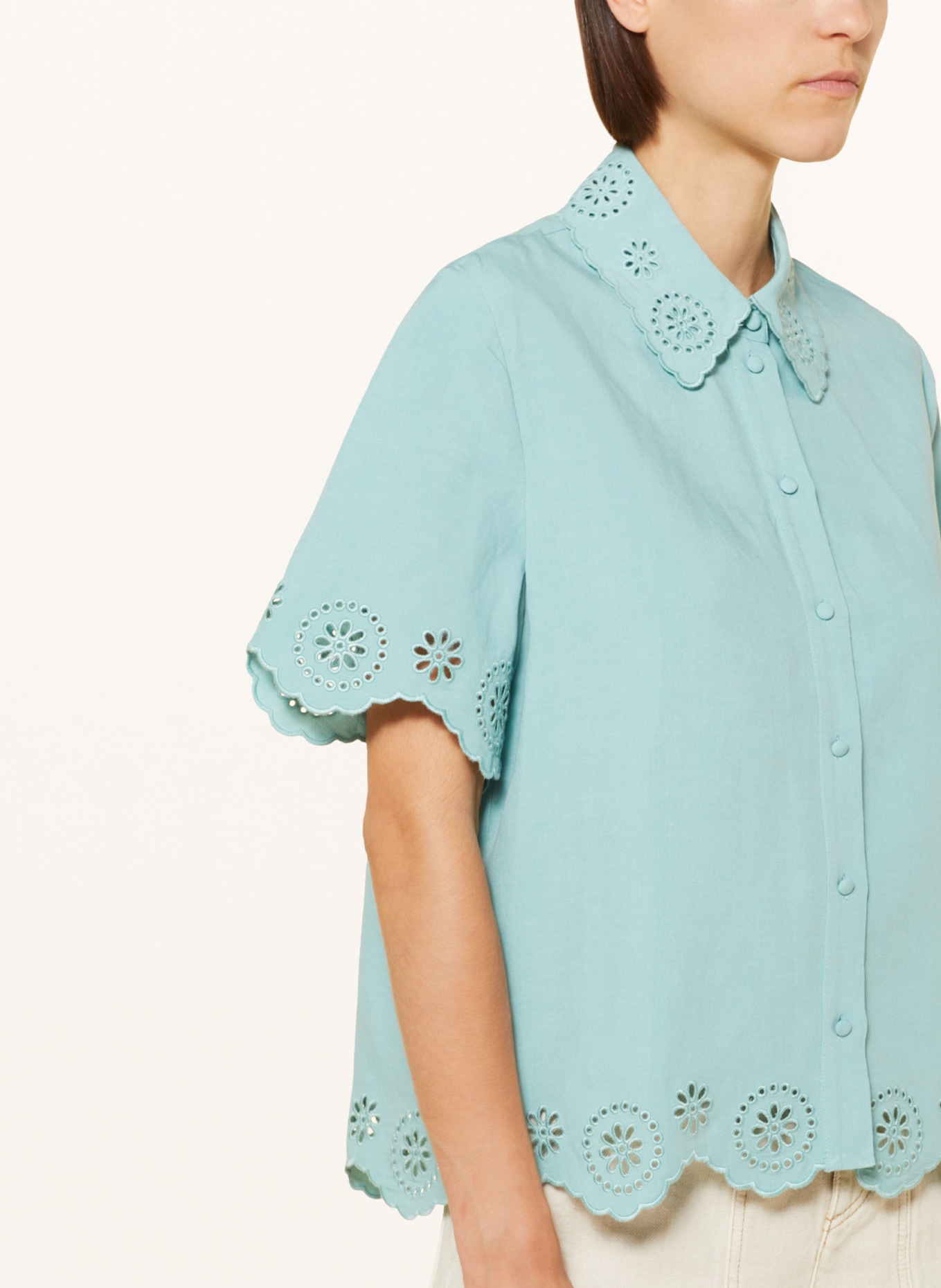 CLAUDIE PIERLOT Hemdbluse mit Leinen und Lochstickereien, Farbe: GRÜN (Bild 4)