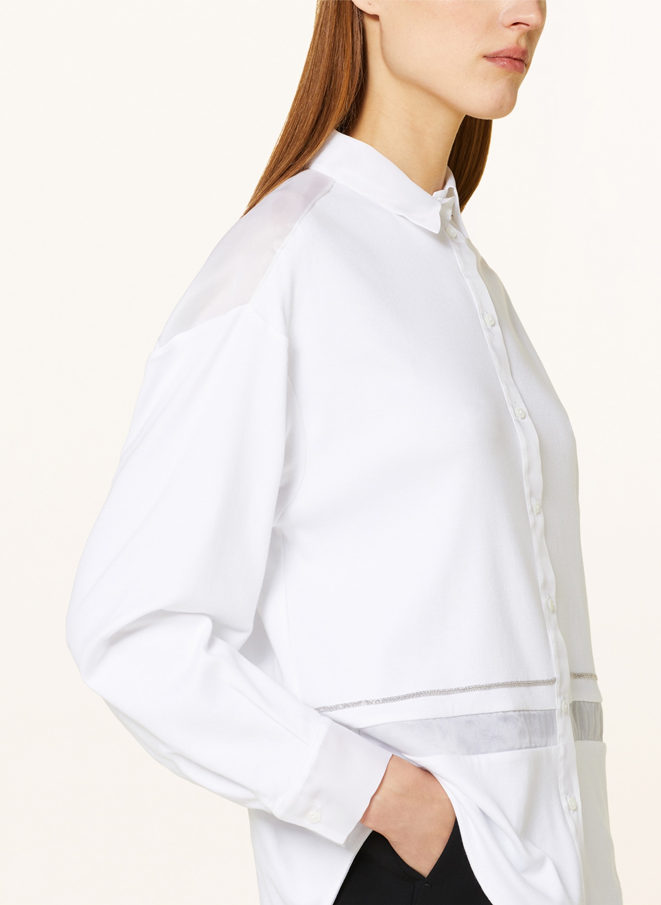 FABIANA FILIPPI Shirt blouse in mixed materials with decorative gems, Color: WHITE (Image 4)