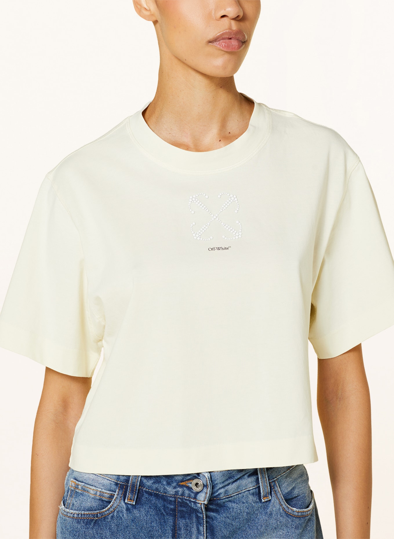 Off-White Cropped tričko s ozdobnými kamínky, Barva: REŽNÁ (Obrázek 4)