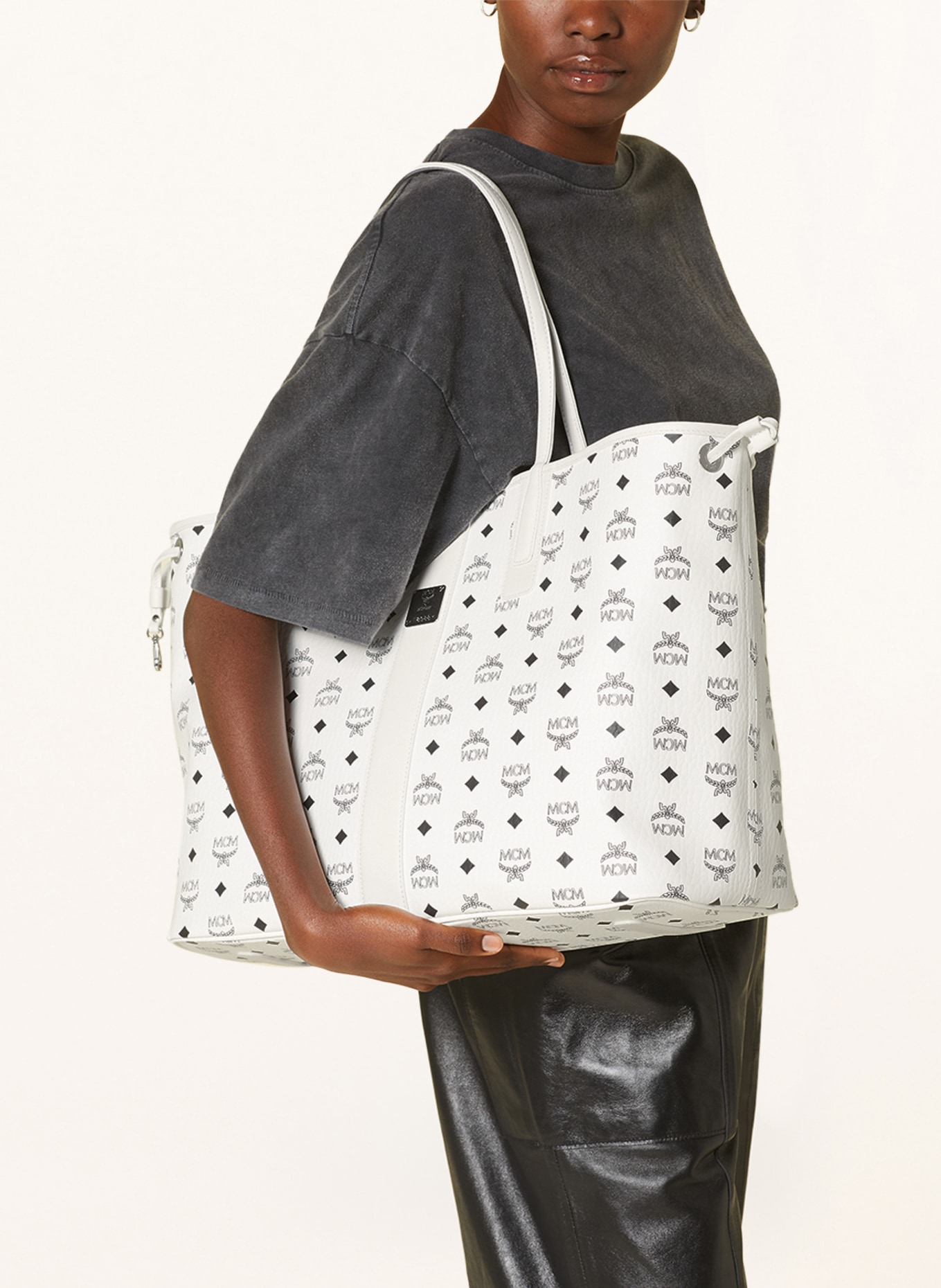 MCM Reversible Liz Medium Visetos Canvas Shopper Tote Bag White