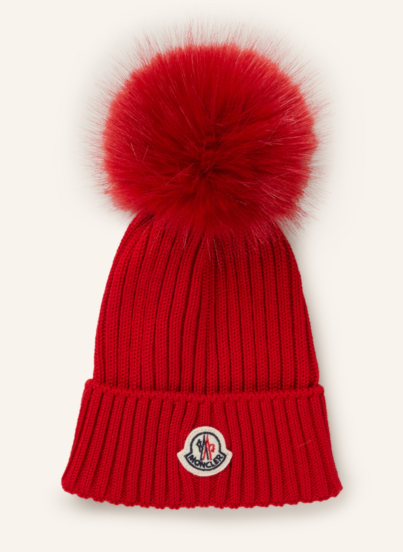 MONCLER enfant Mütze mit Kunstpelzbommel: ROT
