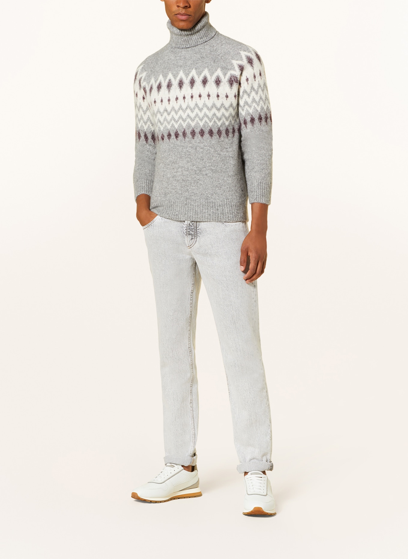 BRUNELLO CUCINELLI Turtleneck sweater with alpaca, Color: GRAY/ WHITE/ DARK RED (Image 2)