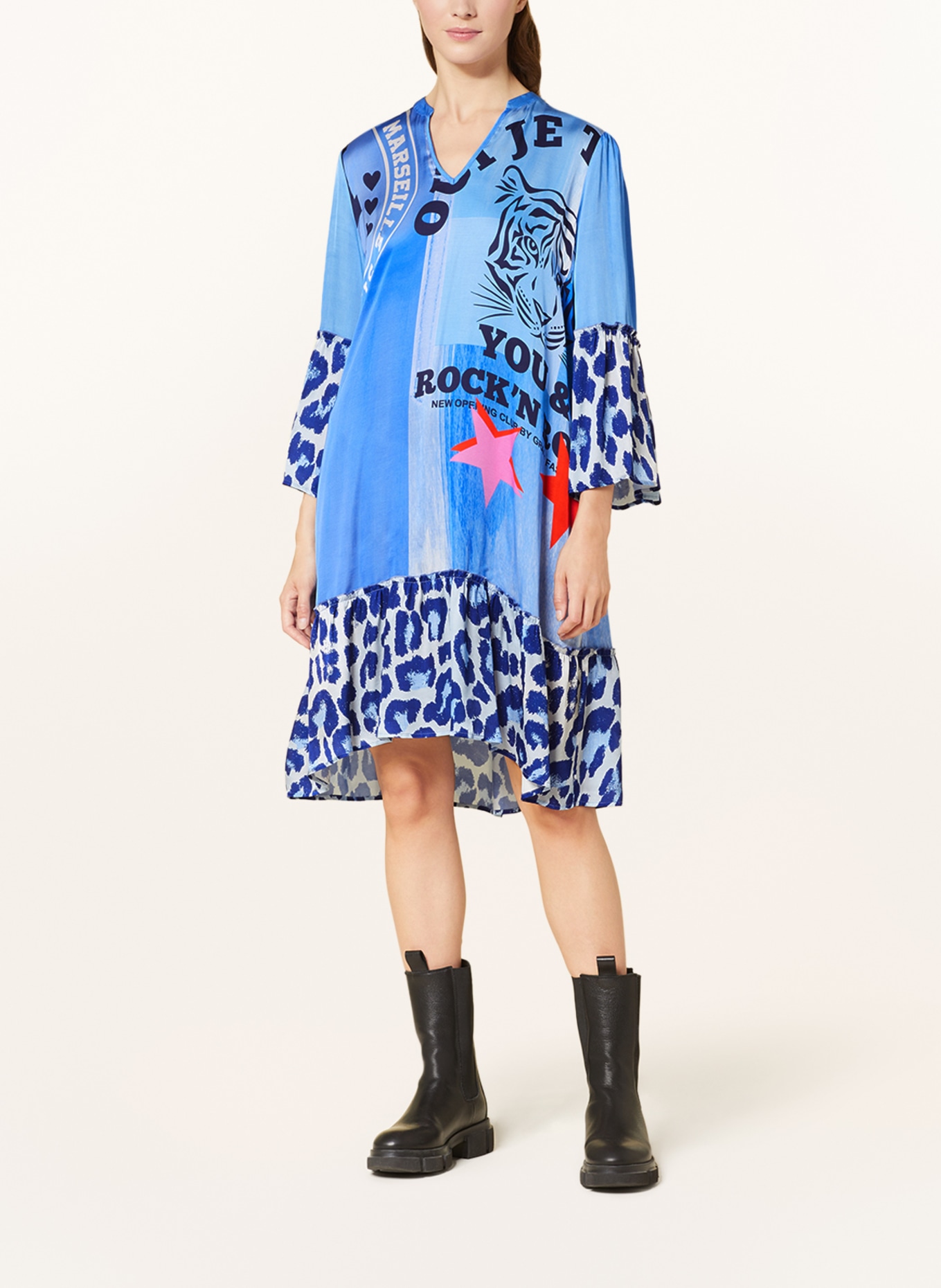 Grace Dress with frills and 3/4 sleeves, Color: BLUE/ DARK BLUE/ PINK (Image 2)