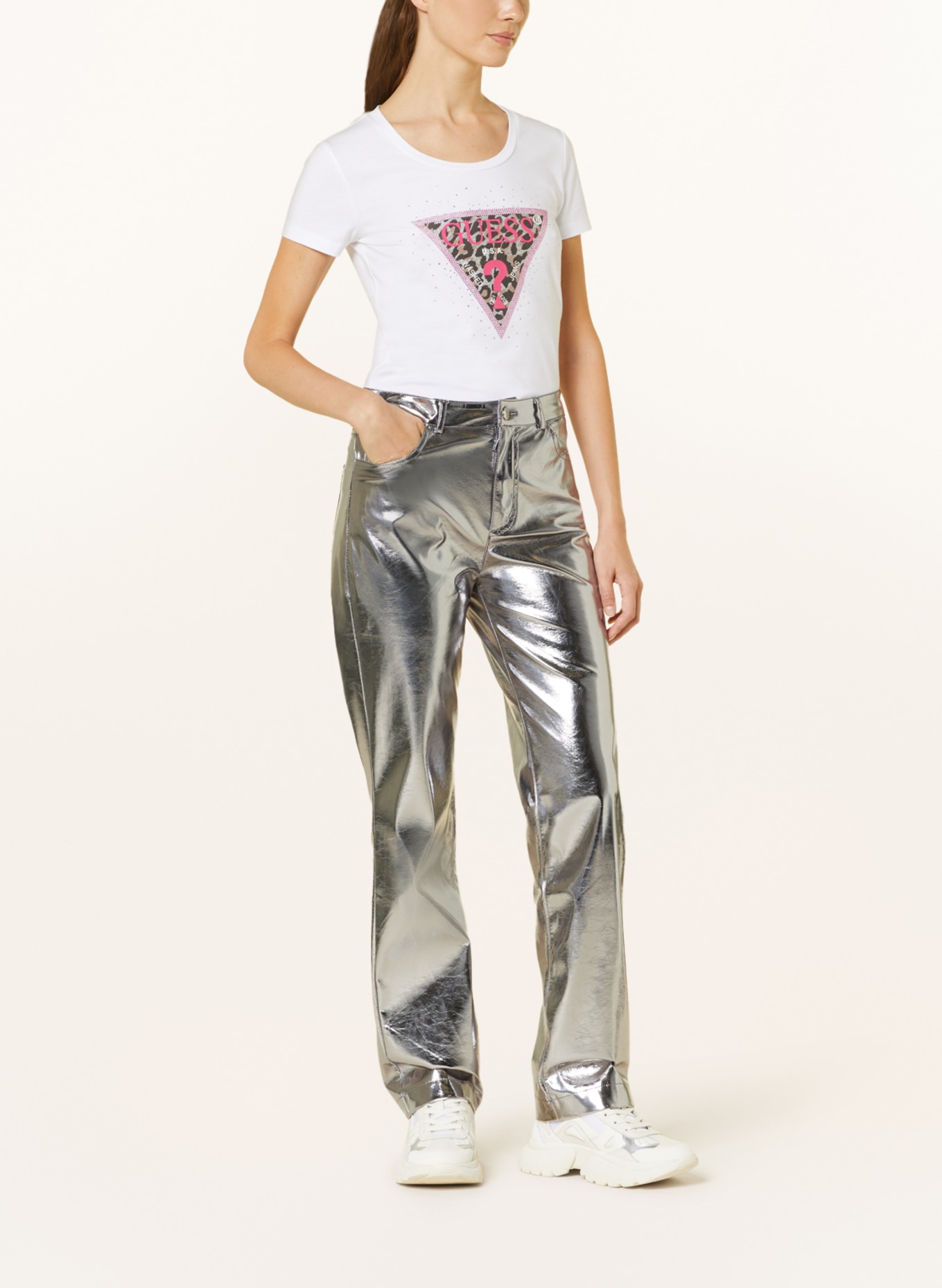 GUESS Wide leg trousers AMBRA in leather look, Color: SILVER (Image 2)