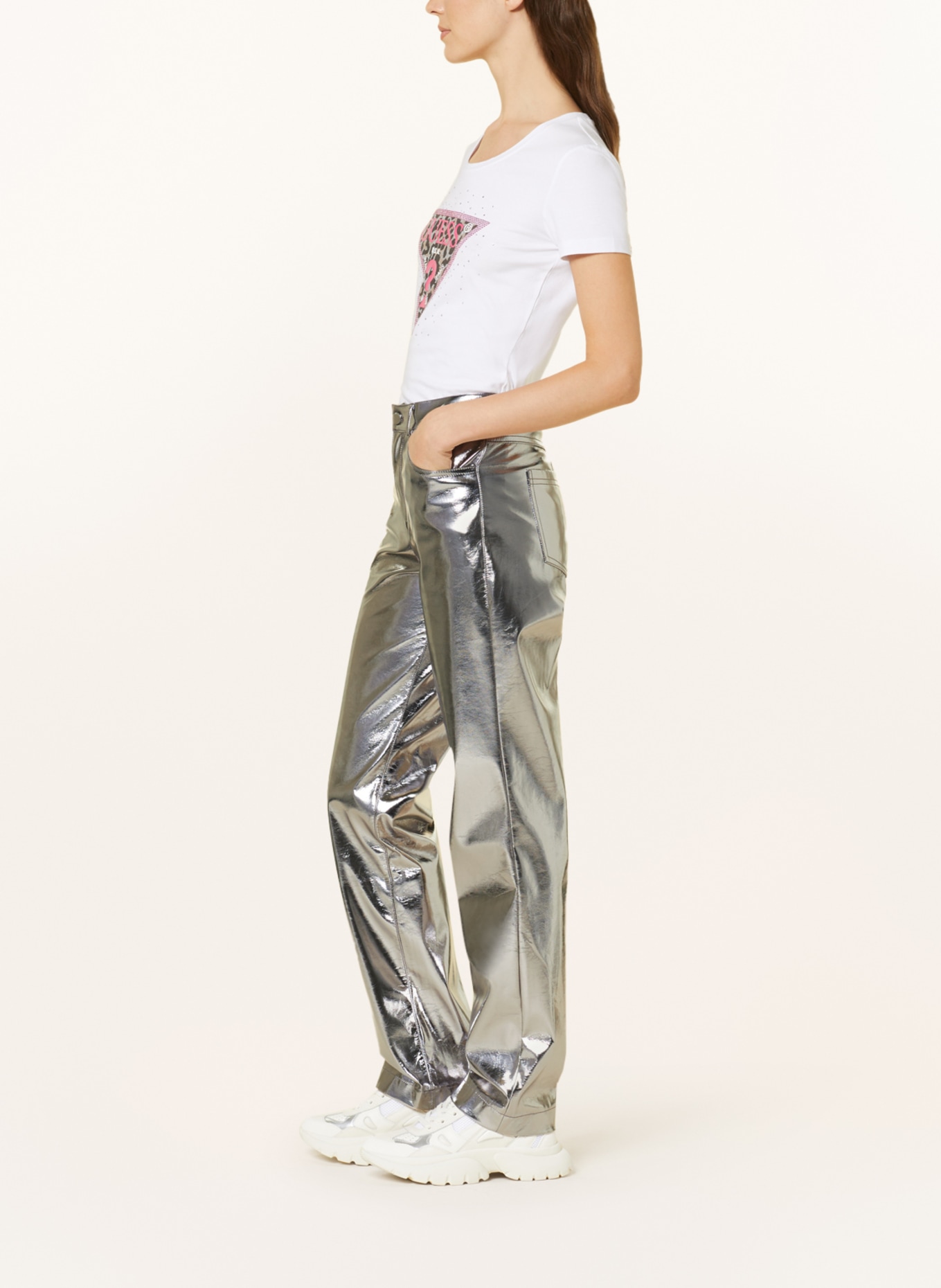 GUESS Wide leg trousers AMBRA in leather look, Color: SILVER (Image 4)