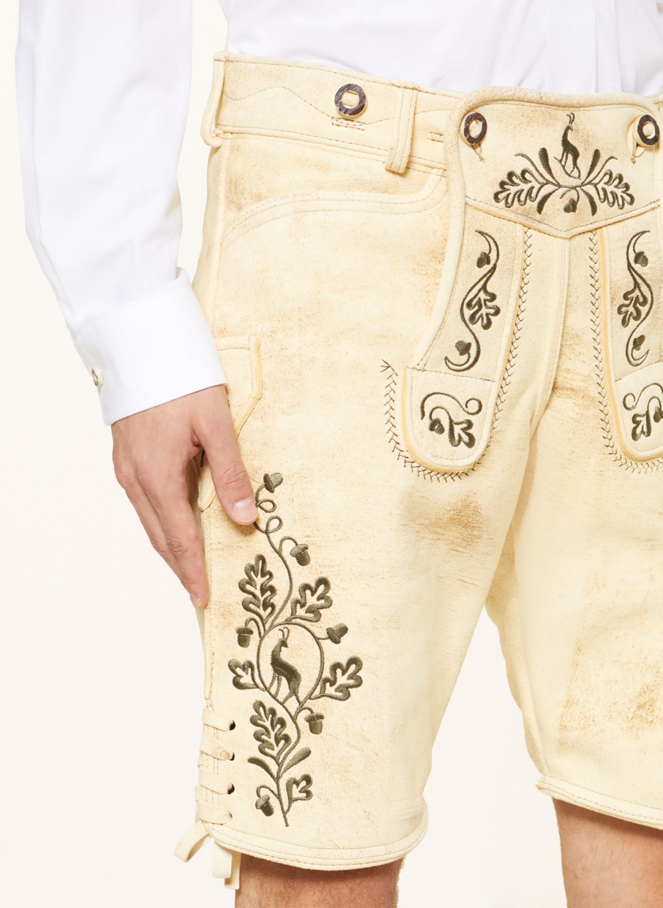 OSTARRICHI Spodnie skórzane w stylu ludowym LUDWIG, Kolor: BEŻOWY/ OLIWKOWY (Obrazek 5)