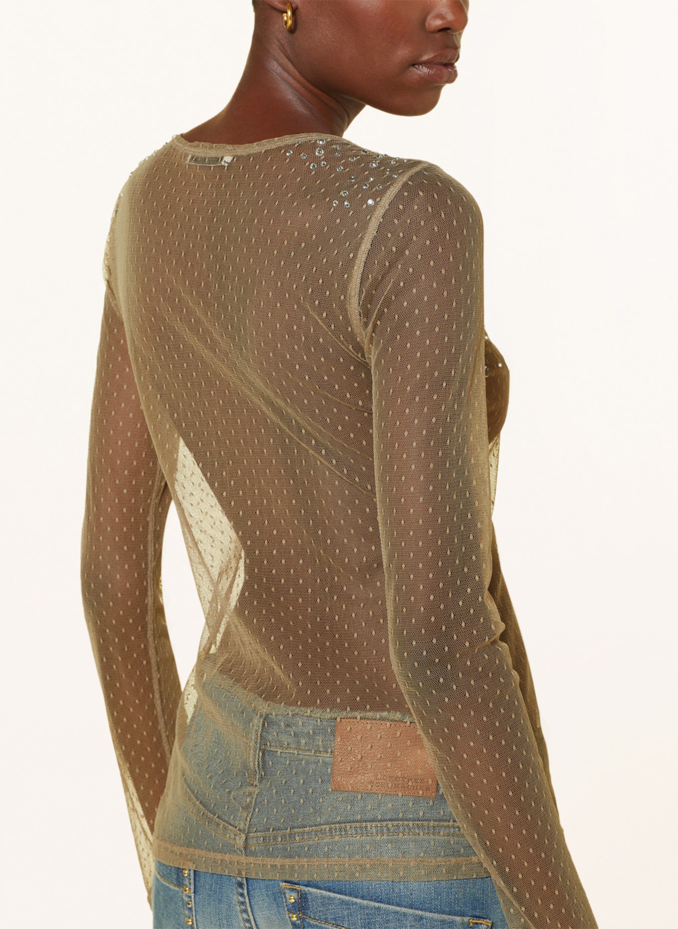 DOROTHEE SCHUMACHER Tričko s dlouhým rukávem ze síťoviny s třpytivými kamínky, Barva: KHAKI (Obrázek 4)