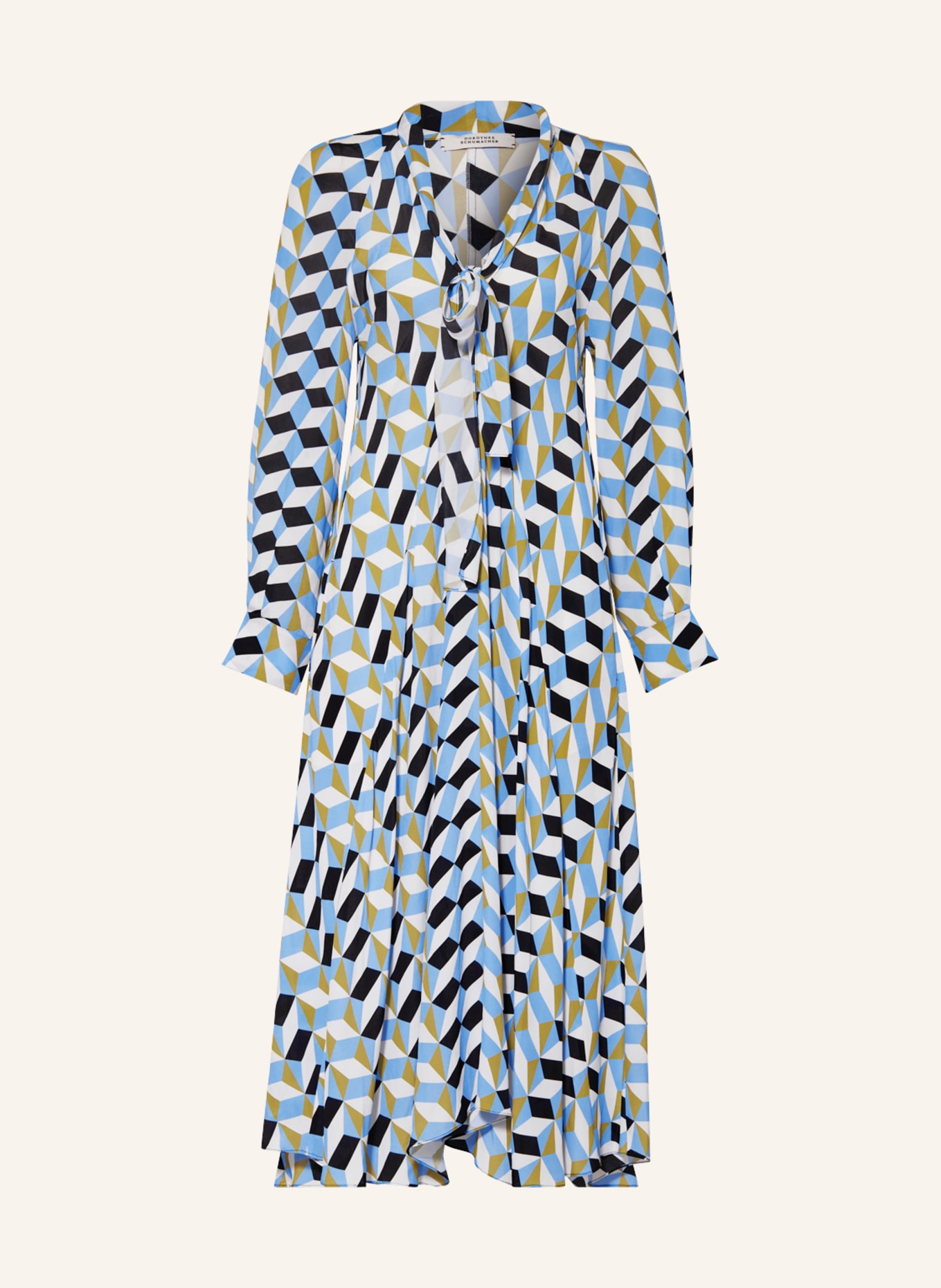 DOROTHEE SCHUMACHER Bow tie collar dress with silk, Color: WHITE/ LIGHT BLUE/ OLIVE (Image 1)