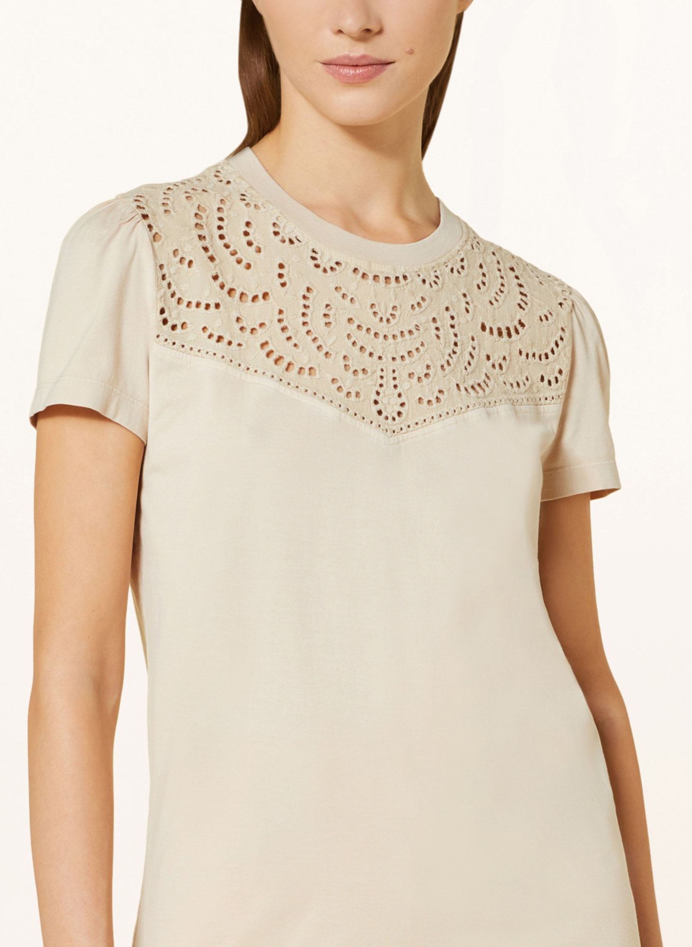 BOSS T-shirt EMBRA with broderie anglaise, Color: LIGHT BROWN (Image 4)