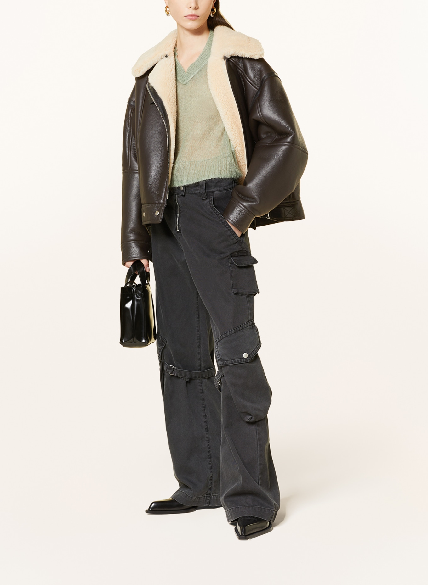 Acne Studios Kožená bunda s jehněčí kožešinou, Barva: TMAVĚ HNĚDÁ (Obrázek 2)