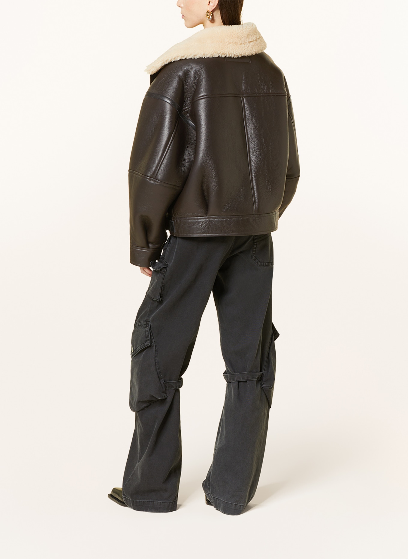 Acne Studios Kožená bunda s jehněčí kožešinou, Barva: TMAVĚ HNĚDÁ (Obrázek 3)