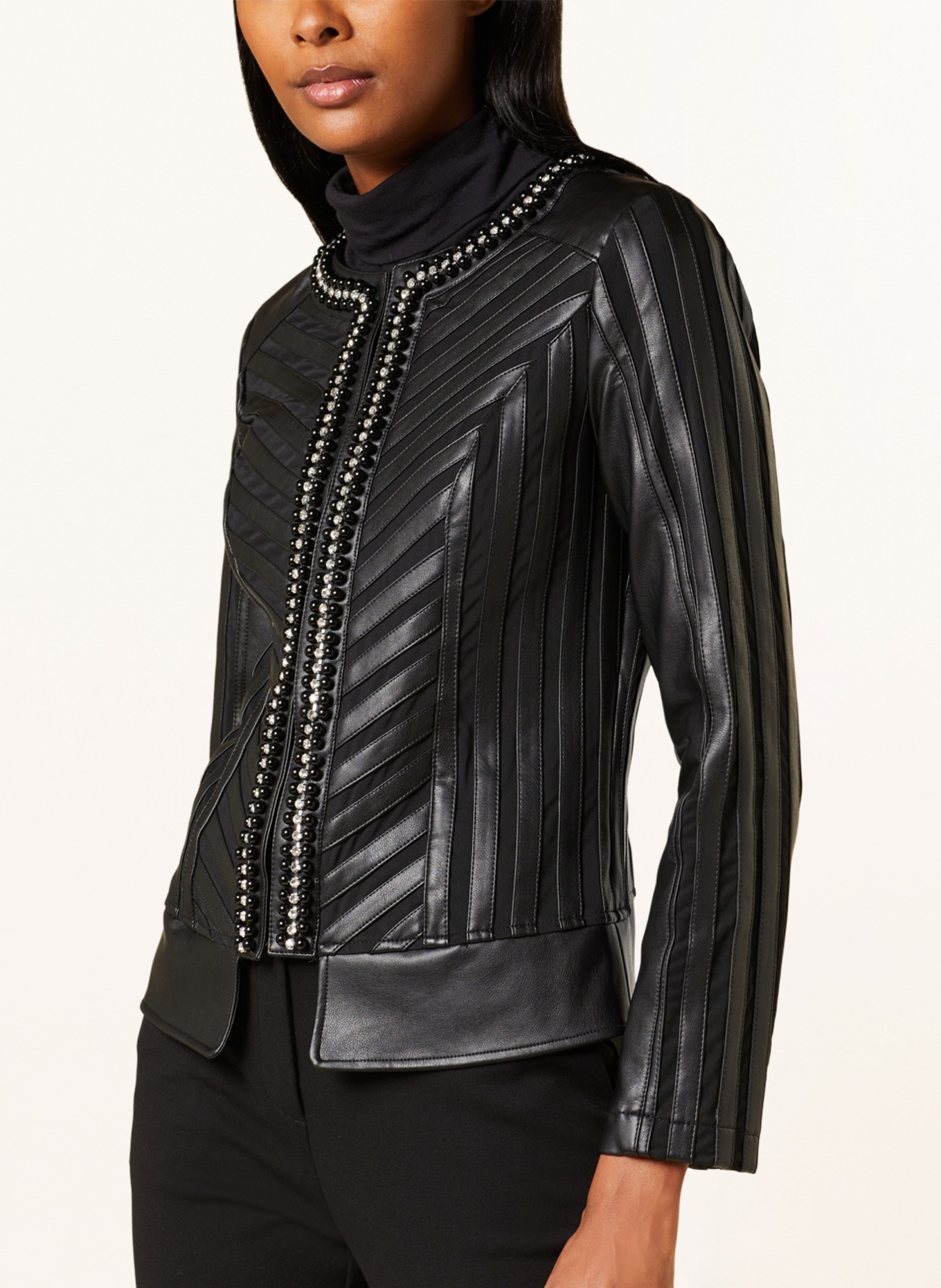 Joseph Ribkoff Jacket in leather look with decorative gems, Color: BLACK (Image 4)