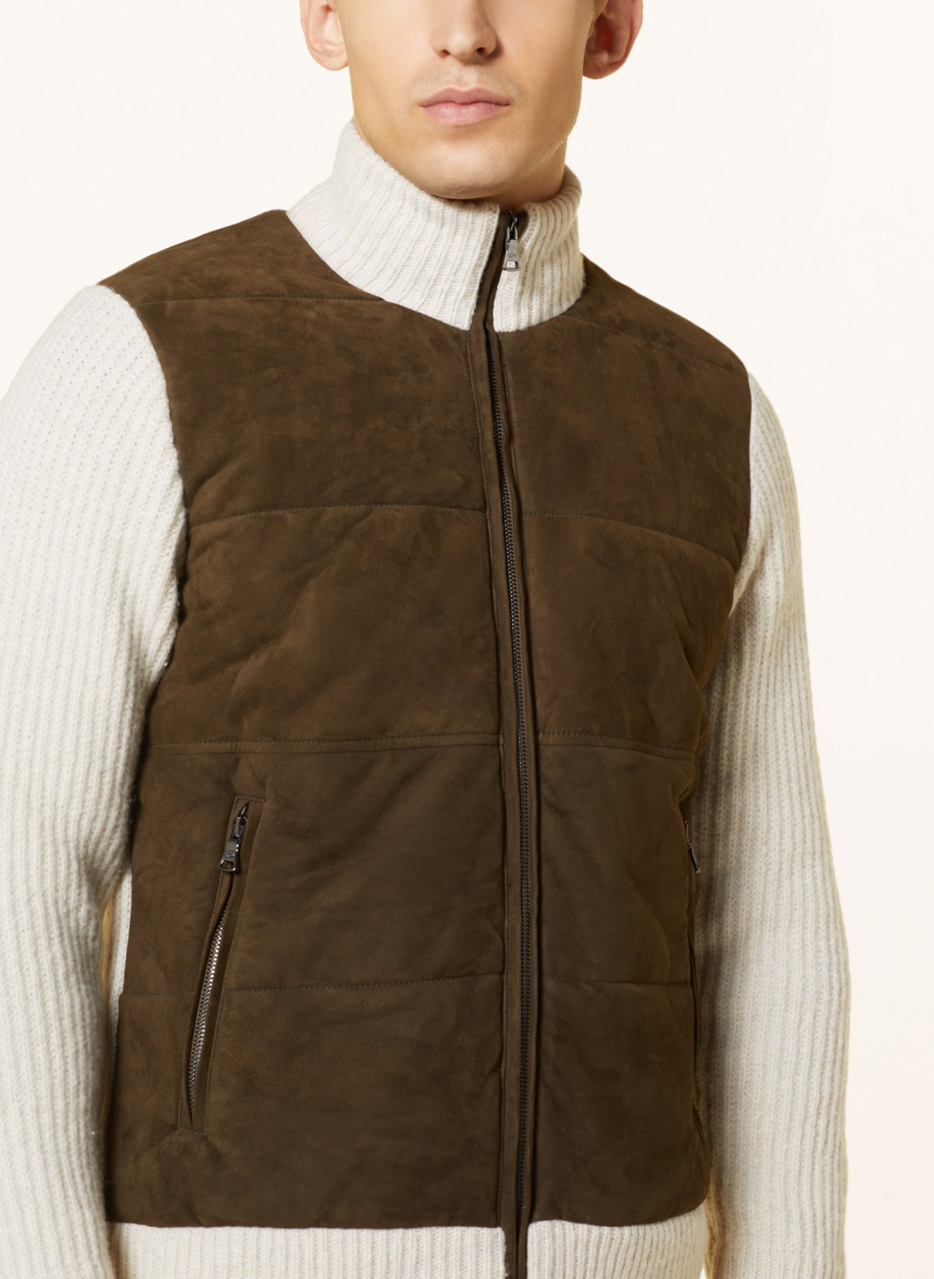 PAUL & SHARK Strickjacke im Materialmix mit Primaloft®-Isolierung: OLIV / WEISS