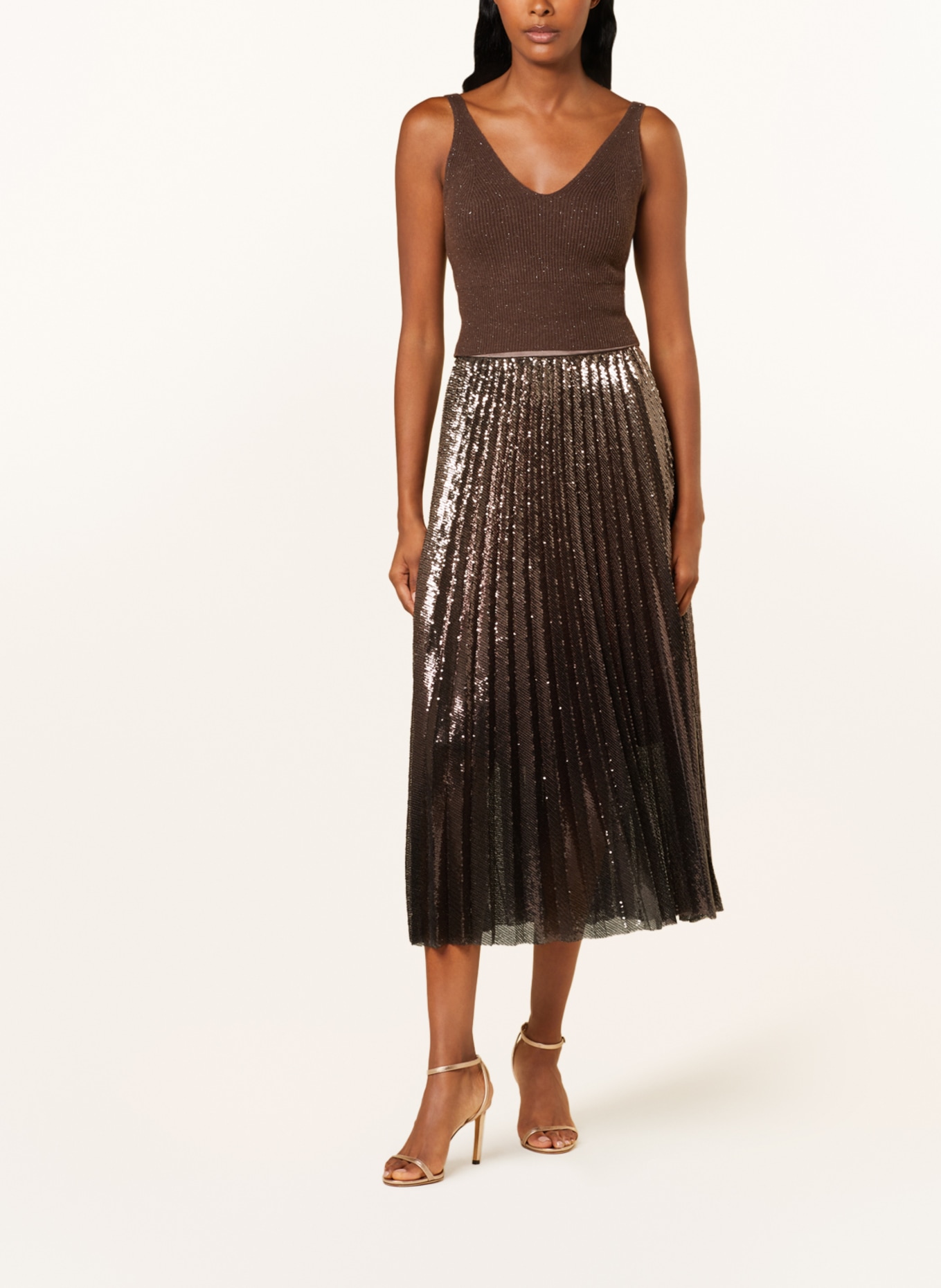 PESERICO Pleated skirt with sequins, Color: DARK BROWN (Image 2)