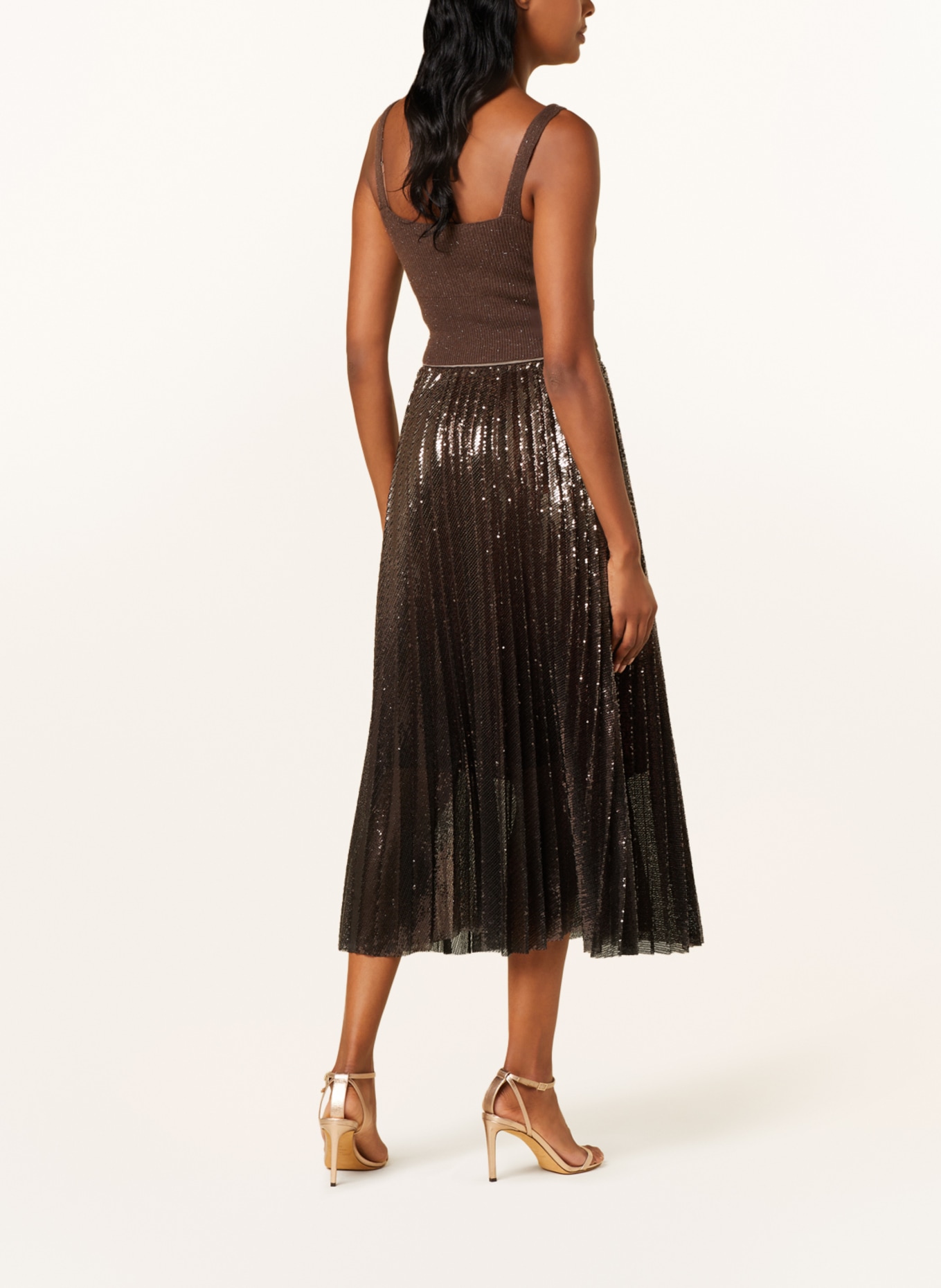 PESERICO Pleated skirt with sequins, Color: DARK BROWN (Image 3)