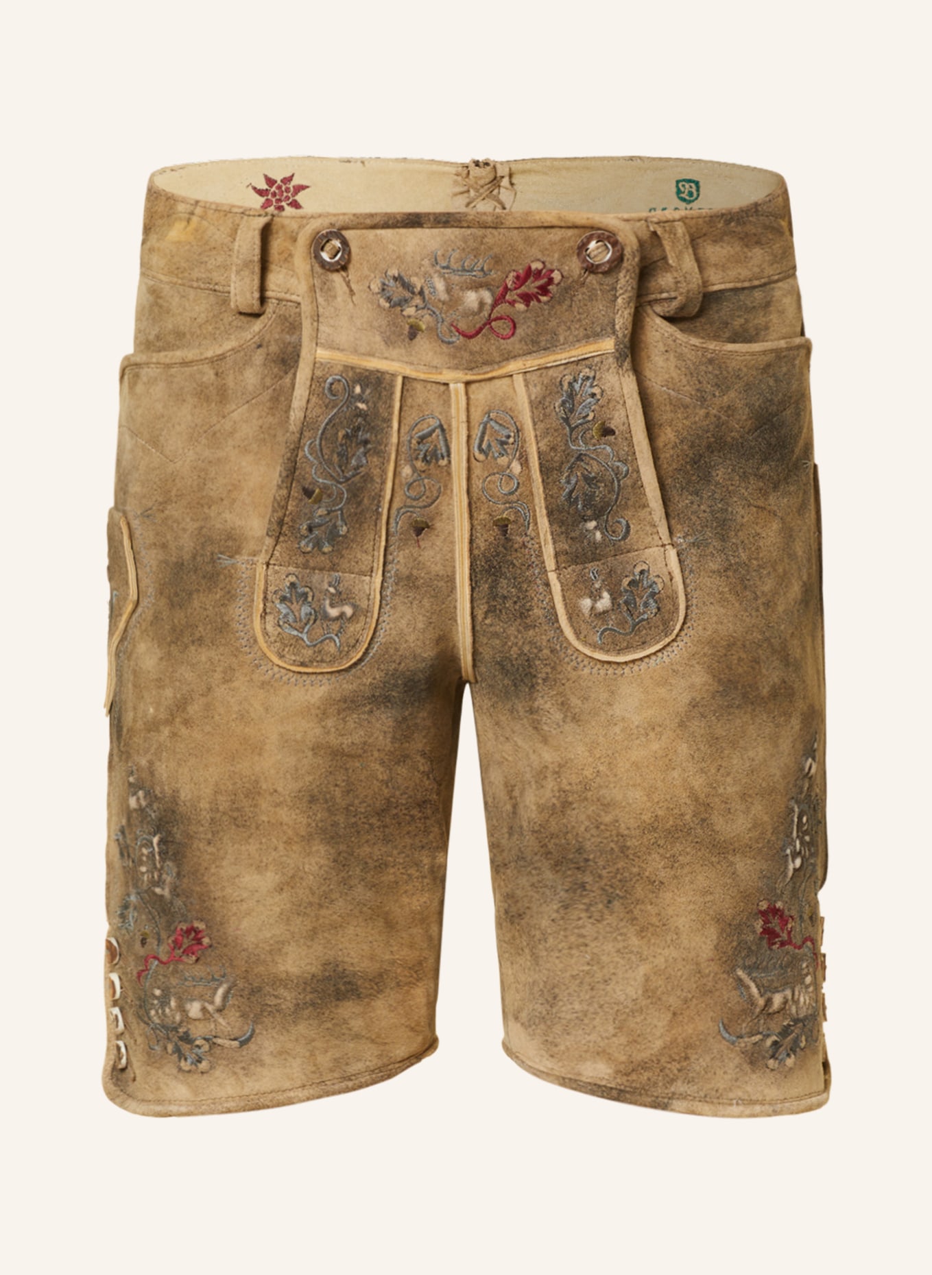 BECKERT Spodnie skórzane w stylu ludowym HOCHSTAUFEN, Kolor: JASNOBRĄZOWY/ SZARY/ CZERWONY (Obrazek 1)