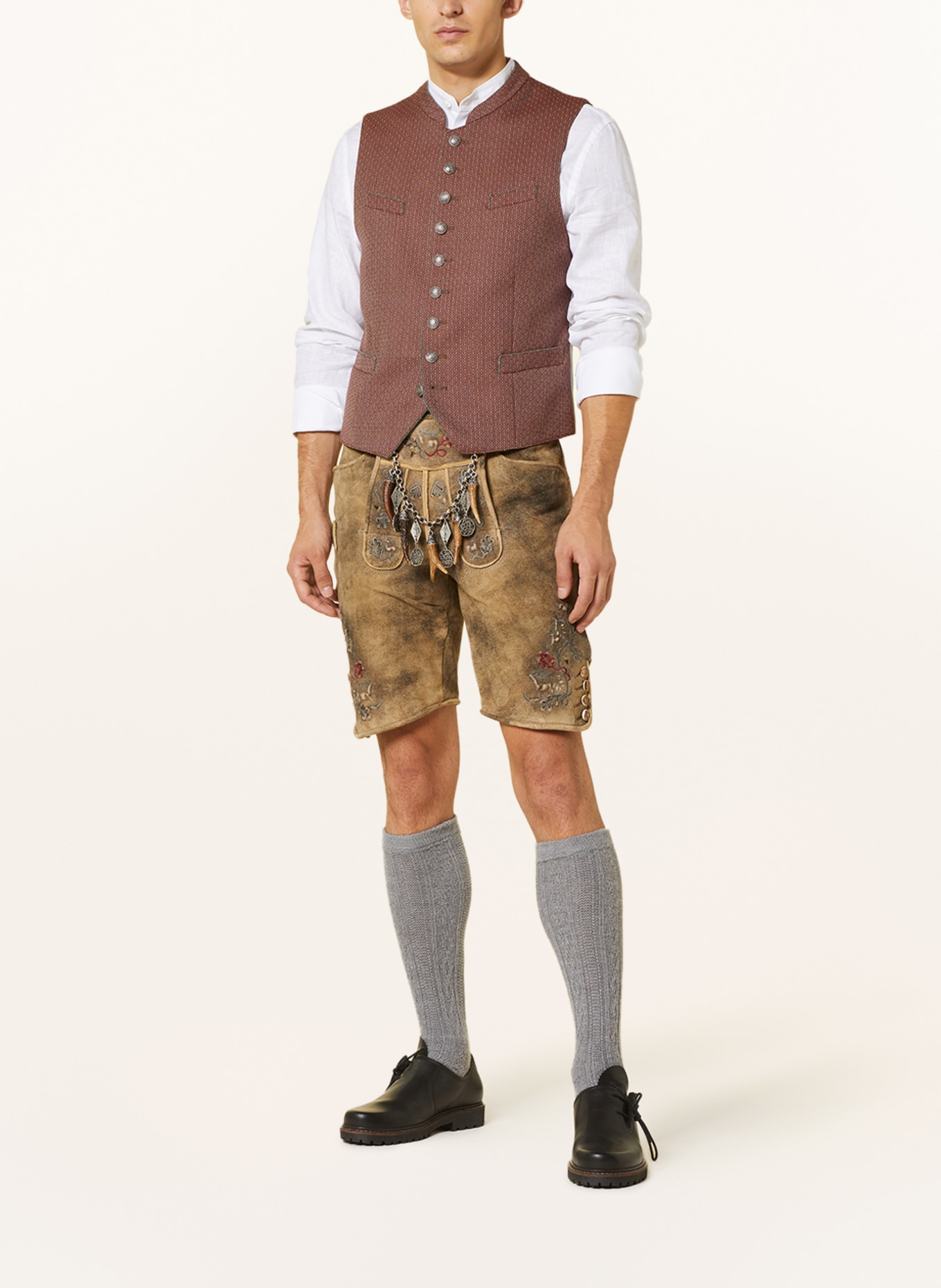 BECKERT Spodnie skórzane w stylu ludowym HOCHSTAUFEN, Kolor: JASNOBRĄZOWY/ SZARY/ CZERWONY (Obrazek 2)