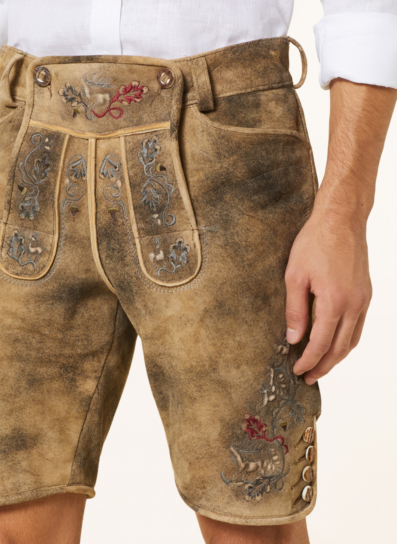 BECKERT Spodnie skórzane w stylu ludowym HOCHSTAUFEN, Kolor: JASNOBRĄZOWY/ SZARY/ CZERWONY (Obrazek 5)