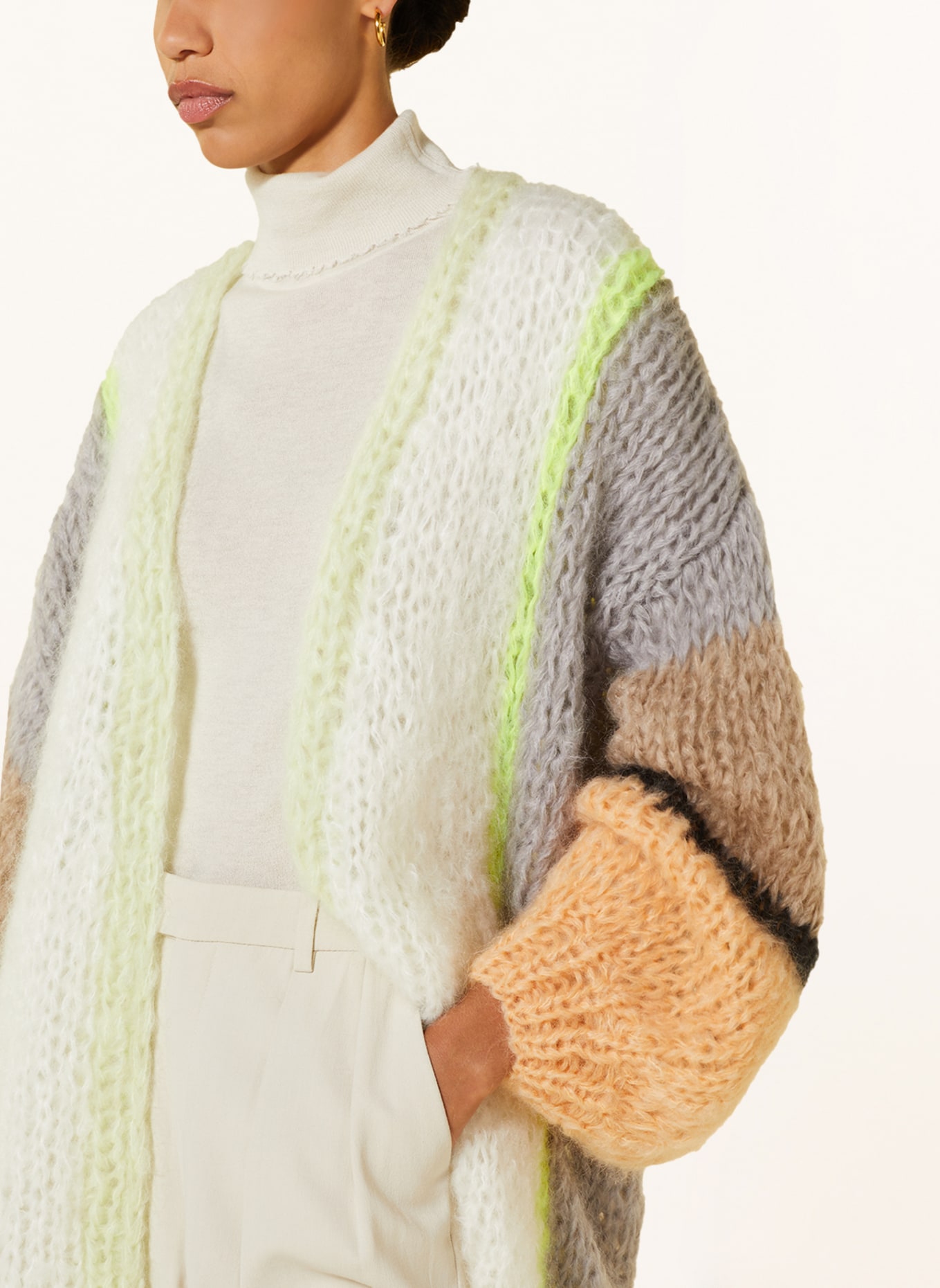 MAIAMI Knit cardigan made of mohair, Color: TAUPE/ WHITE/ NEON YELLOW (Image 4)