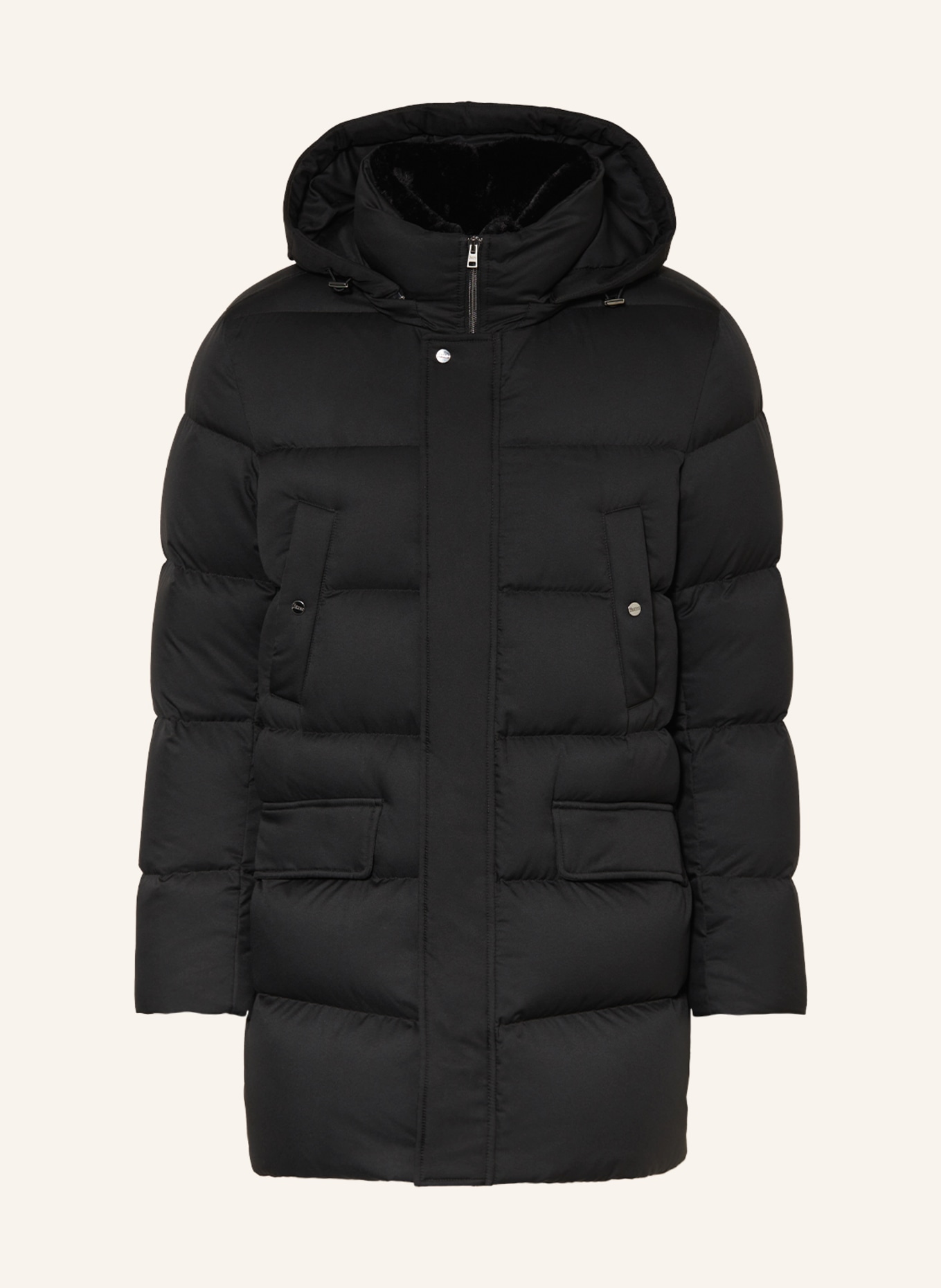 Long Black Puffer Jacket with Removable Hood