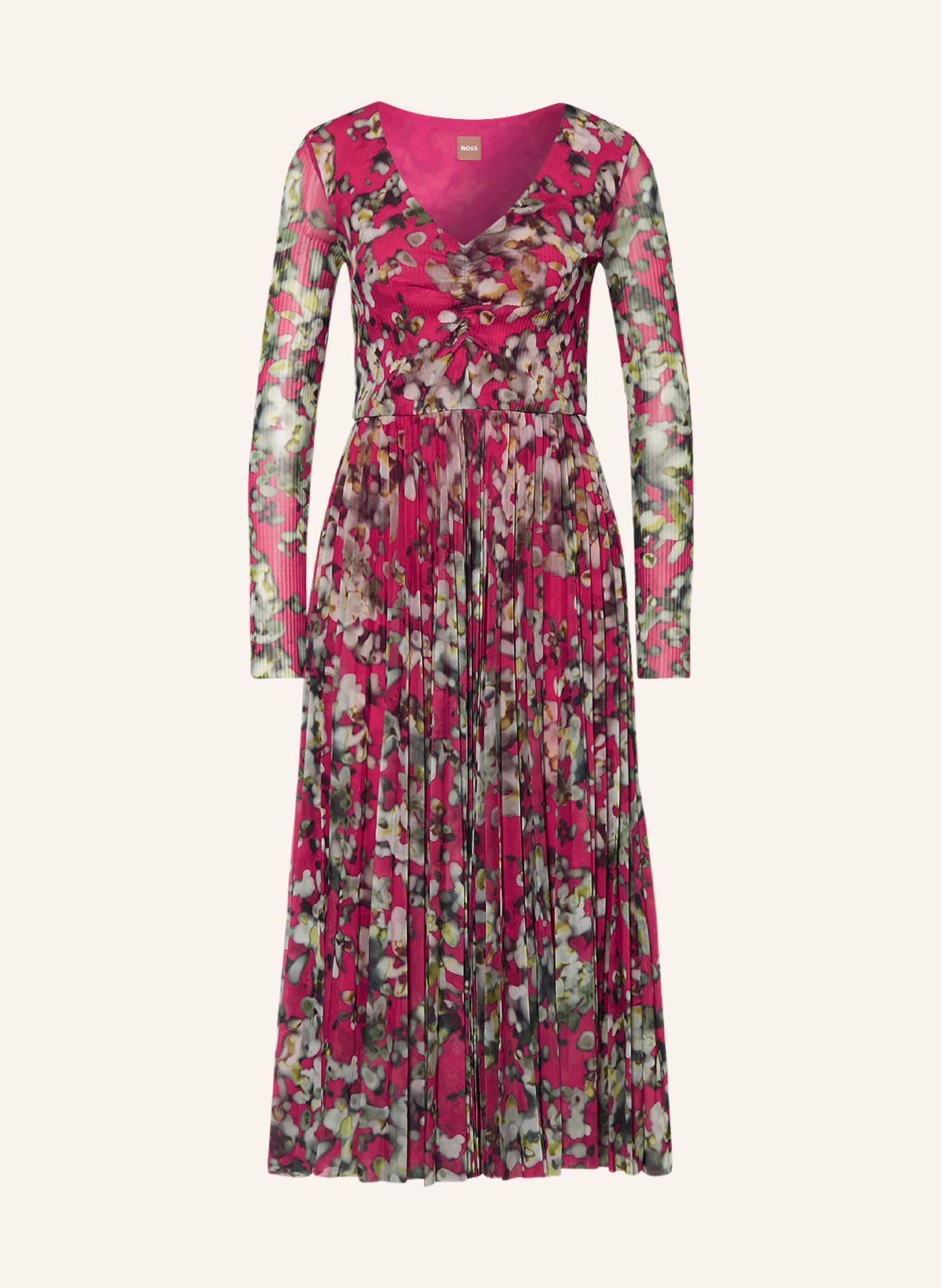 BOSS Síťované šaty ERLISSI s plisováním, Barva: RŮŽOVÁ/ OLIVOVÁ/ SVĚTLE ZELENÁ (Obrázek 1)