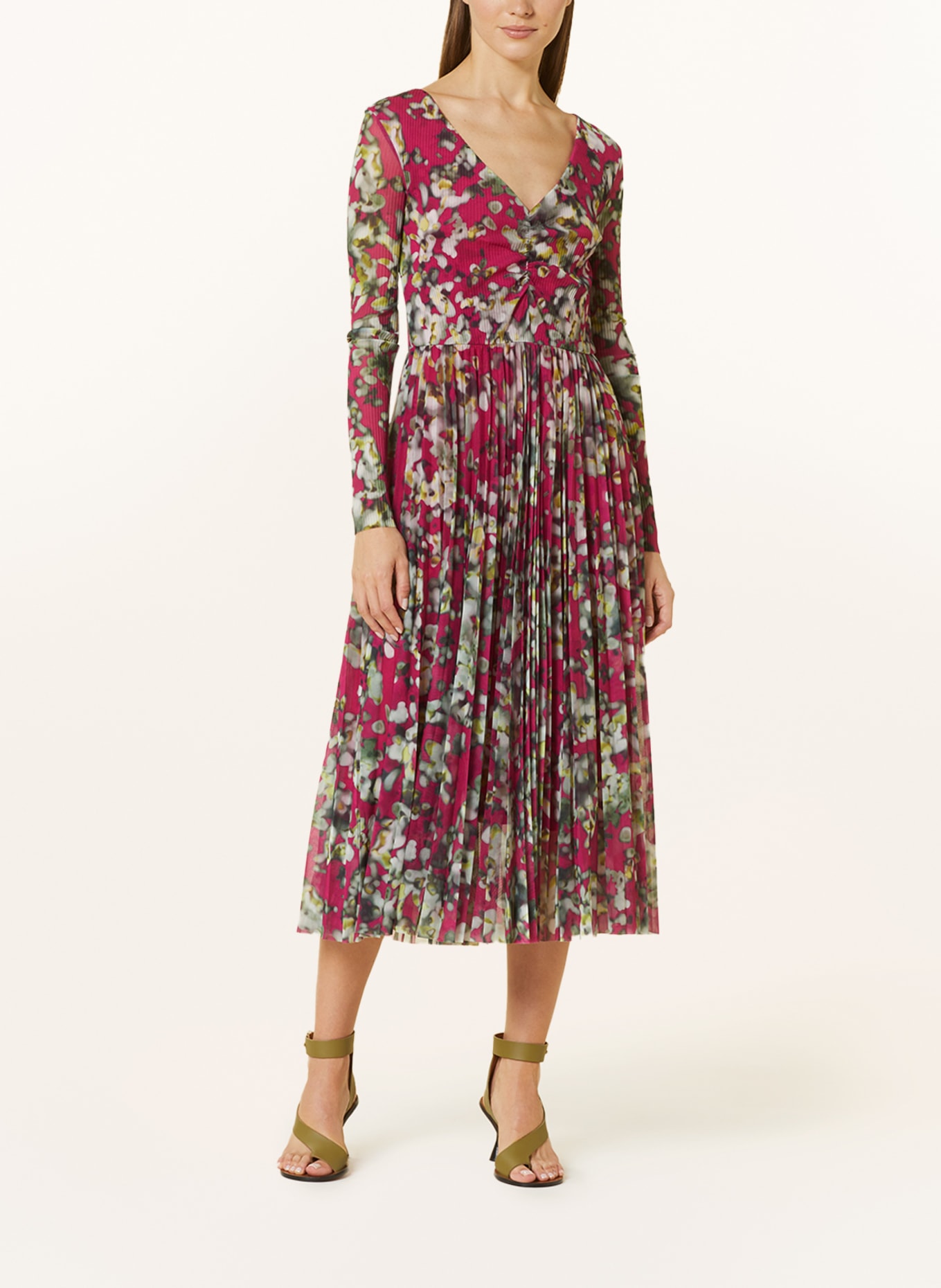 BOSS Mesh-Kleid ERLISSI mit Plissees, Farbe: PINK/ OLIV/ HELLGRÜN (Bild 2)