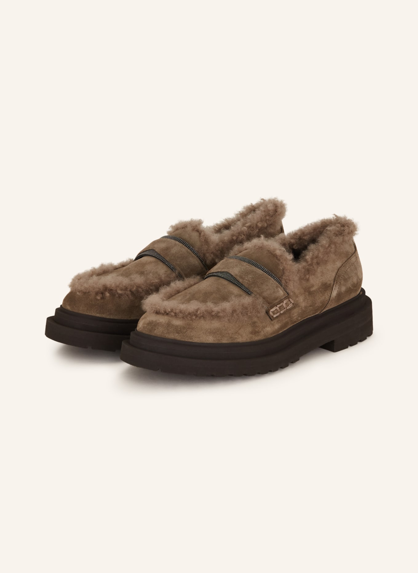 BRUNELLO CUCINELLI Penny loafers z owczym futrem, Kolor: SZAROBRĄZOWY (Obrazek 1)