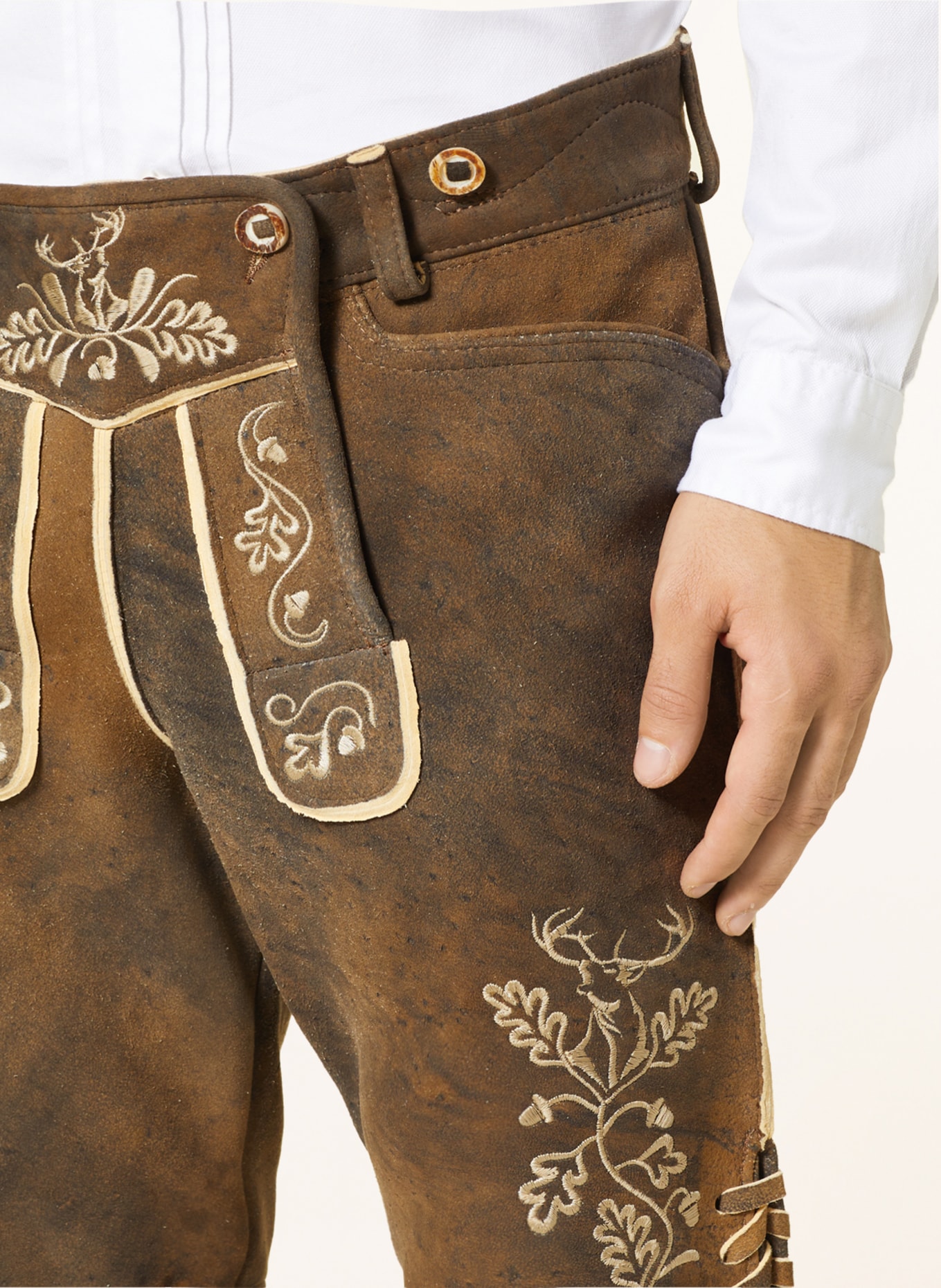 OSTARRICHI Spodnie skórzane w stylu ludowym HIRSCHRUF, Kolor: CIEMNOBRĄZOWY (Obrazek 6)